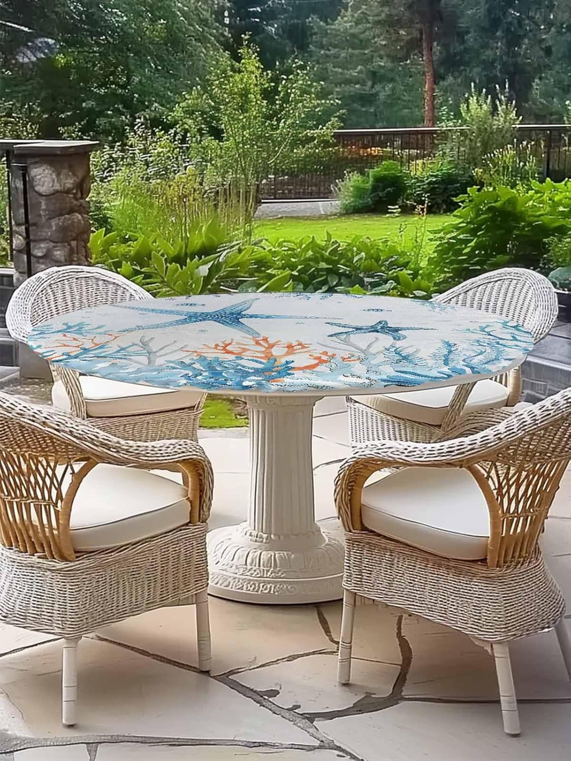 Summer Round Fitted Tablecloth Elastic Edged Table Cover,Ocean Starfish Coral on White Waterproof Wipeable Table Cloths for Kitchen Dining Party Fit up 36-44in Tables,Watercolor Marine Life