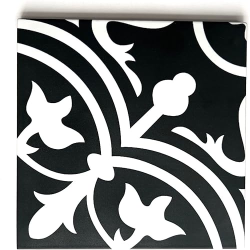 8 x 8 Flora Negro Blanco Reverso Porcelana Patrón Moderno Clásico Azulejo de Piso de Pared (1)