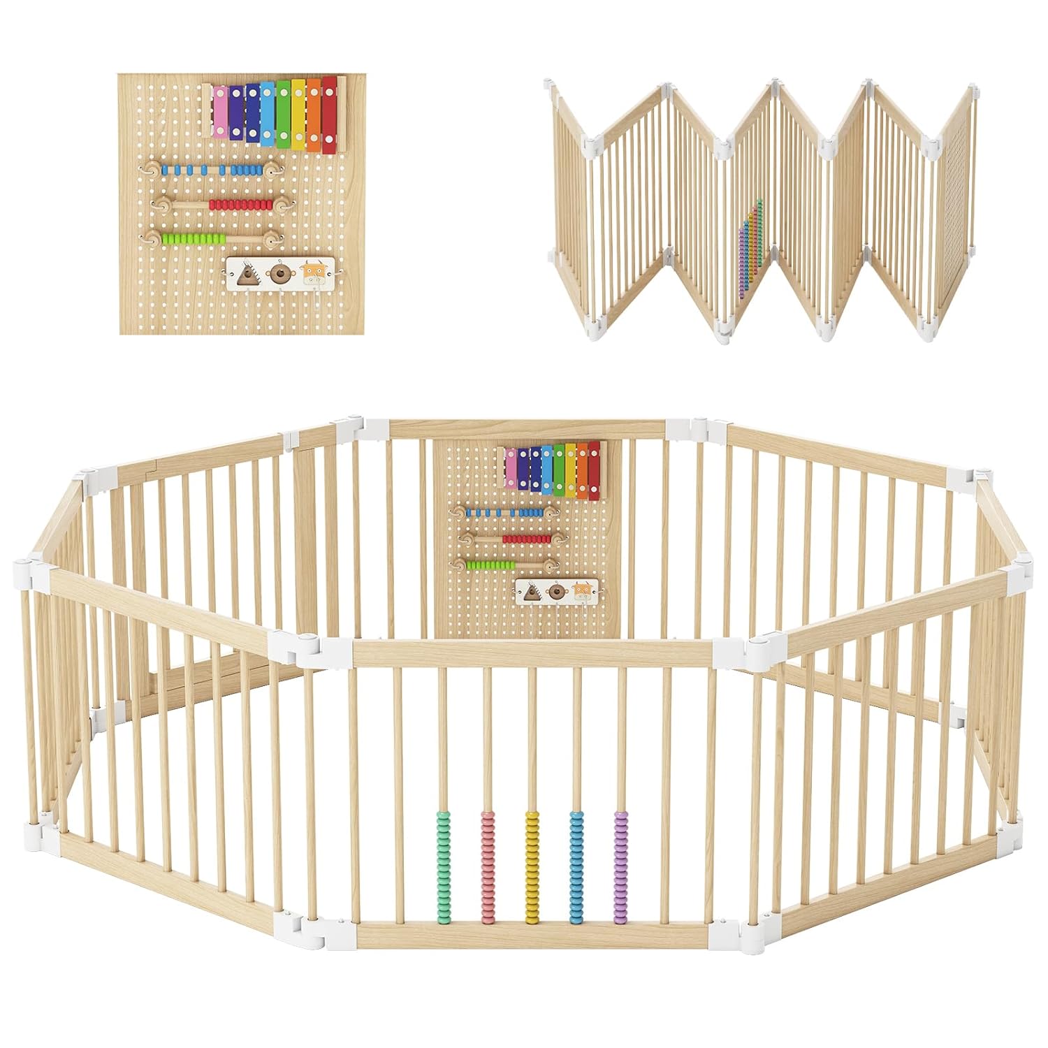 Baby Playpen - Wooden Playpen for Babies and Toddlers, Foldable Play Pen with Locking Gate, Portable Baby Fence with Adjustable Shape and Size, Extra Large Toddler Play Yard (59X59x21Inches)