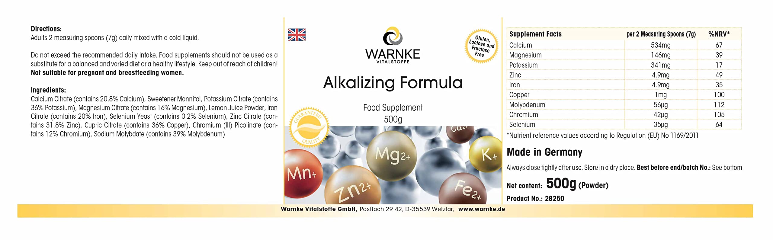 Polvo Alcalino 500g - Con 9 minerales y oligoelementos - Equilibrio ácido-base - Vegano | Warnke Vitalstoffe - Calidad de farmacia alemana