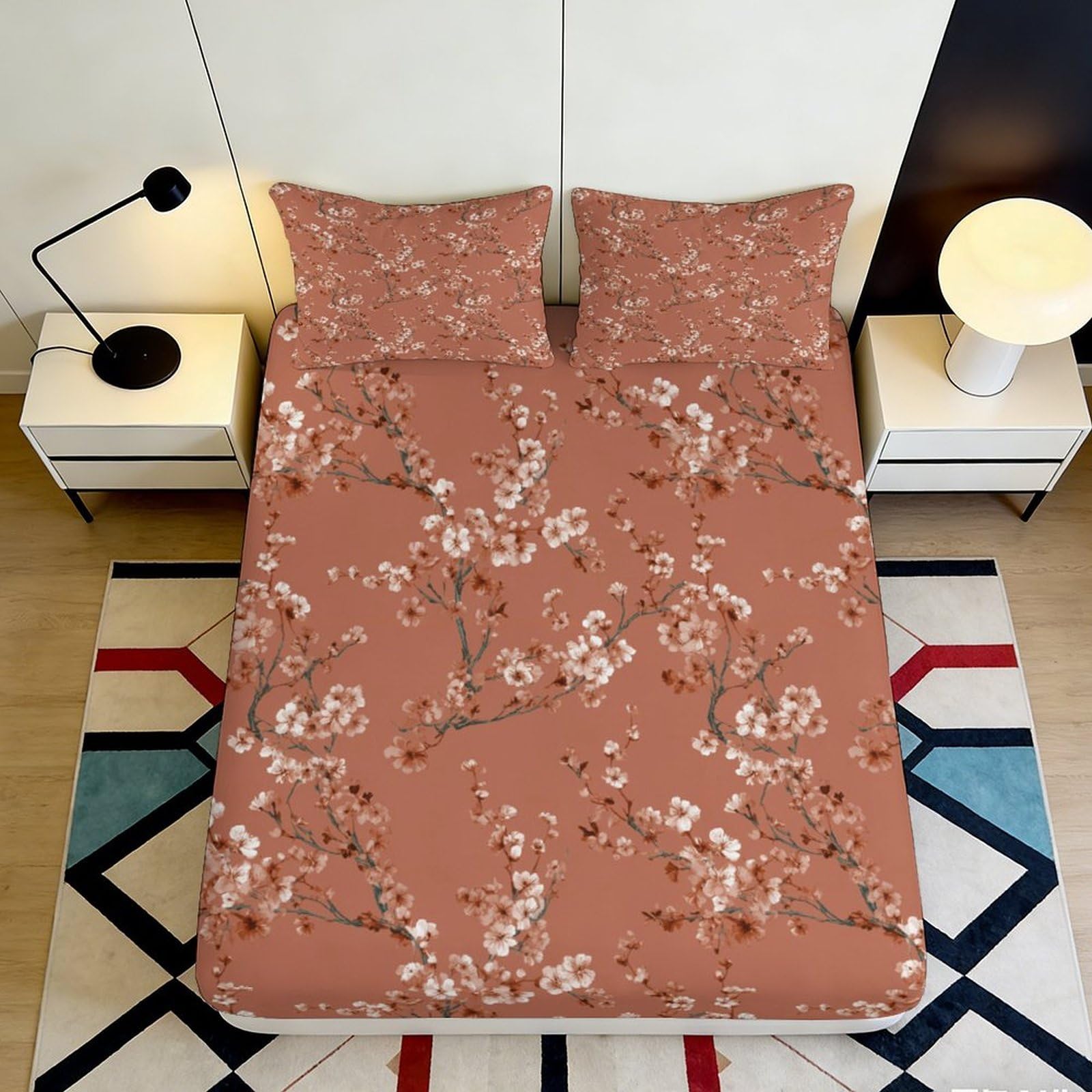 3D Printed Sakura Pattern Fitted Sheet Microfiber Deep Pocket Non-Slip Sakura Mattress Fitted Cover for Bedroom 180x200x25cm