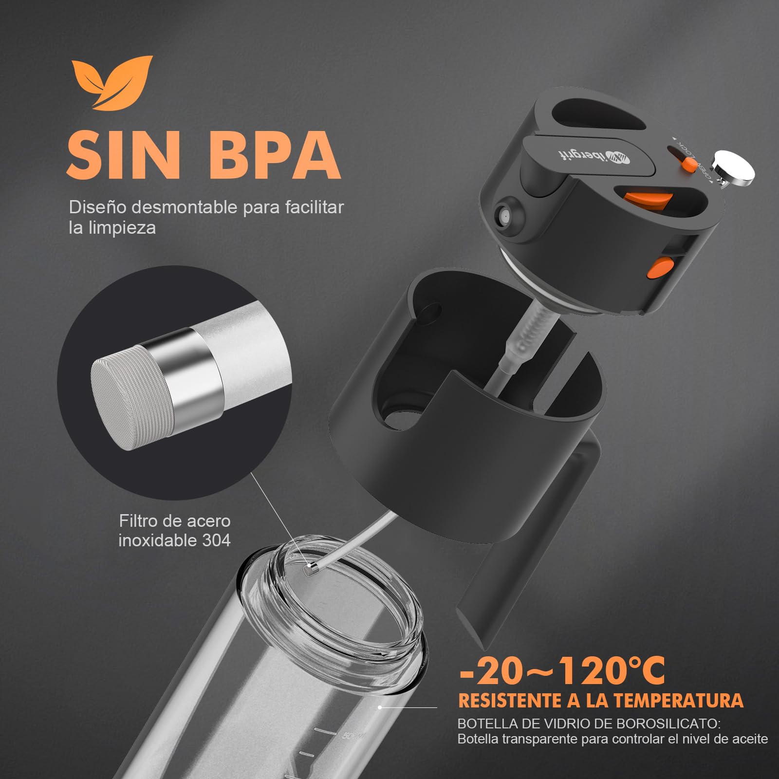 Ibergrif 2 en 1 Pulverizador de aceite 500ml – Rociador de aceite con Escala, Altura 202mm, Aceitera spray de Vidrio de borosilicato, Antigoteo para Freidora de aire, Barbacoa, Ensaladas, Negro, M530B — view 7