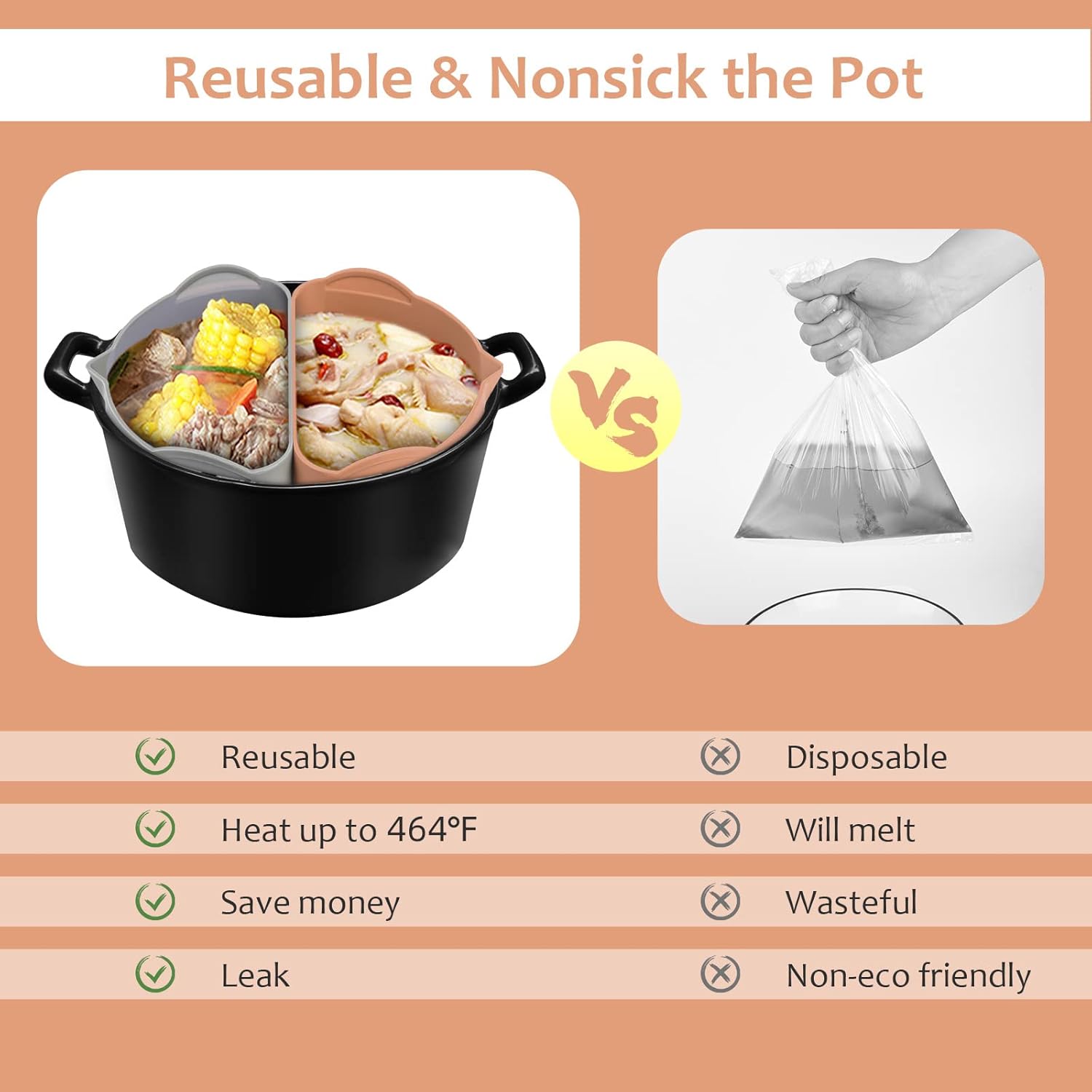 Slow Cooker Divider Liners fit for 67 QT Crockpot, 2in1 Silicone