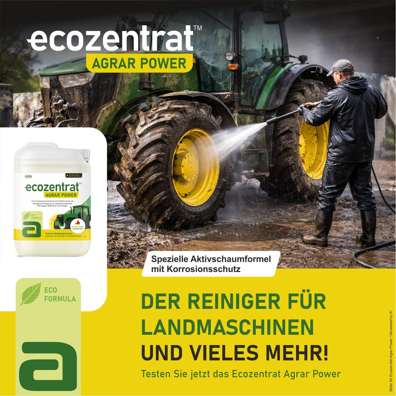 Ecozentrat™ AgrarPower Landmaschinenreiniger Konzentrat | Entfernt Schmutz & Hartnäckige Rückstände | Lackschonend | Für Hochdruckreiniger | Extrem Ergiebig | Eco-Formel