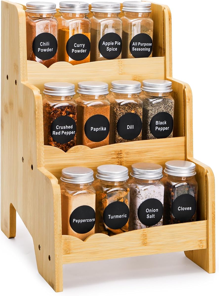 Small Spice Rack Organizer Countertop, 3 Tier Bamboo Spice Rack Seasoning Organizer for Kitchen Cabinet Pantry Countertop Holding 12 Jars, Jars No Included