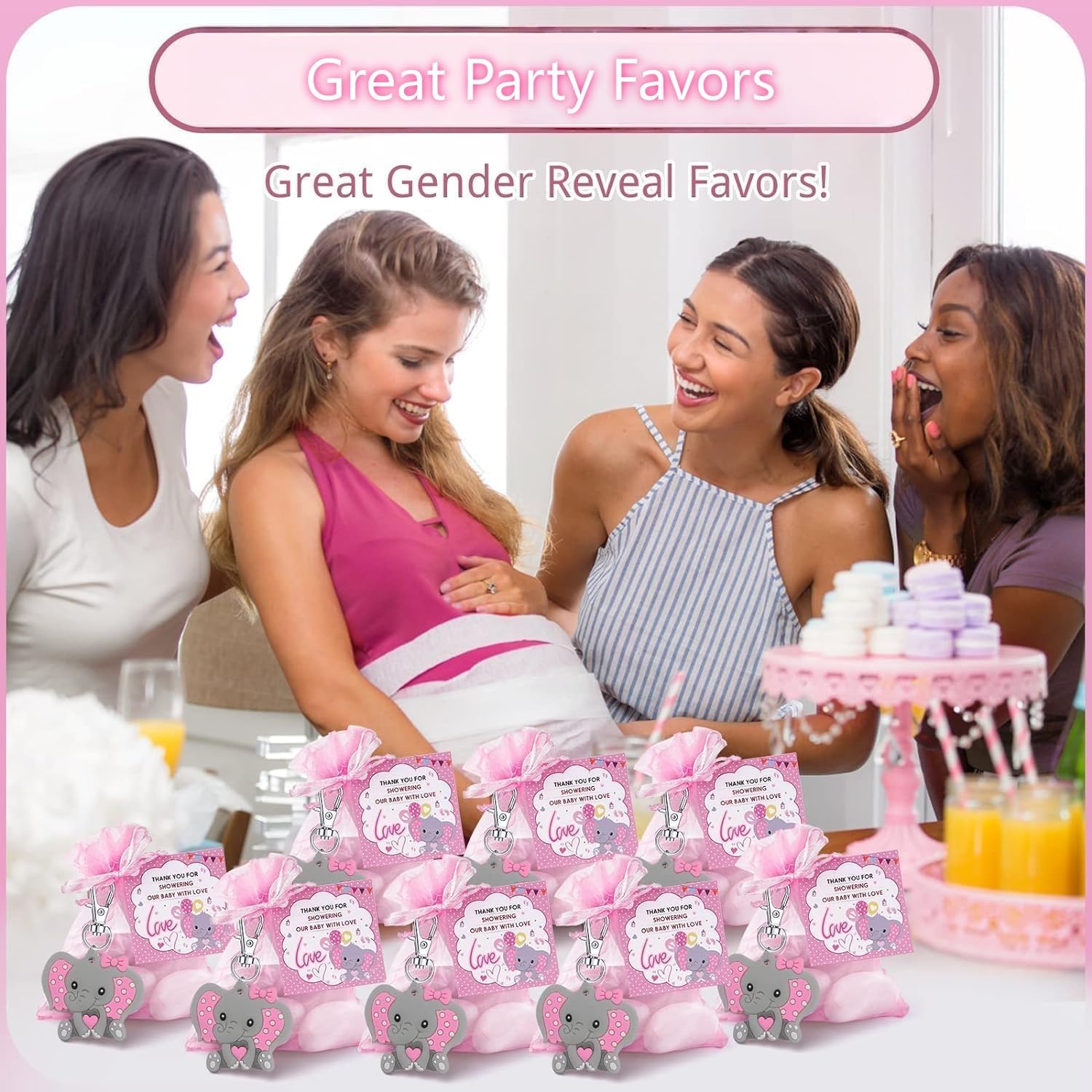 50 Sets Baptism Party Return Favors for Guests Pink Elephant Keychains Organza Bags and Thank You Kraft Tags for Elephant Theme Party Favors, Baptism Party Supplies
