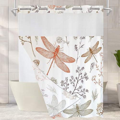 Miniatura 8 de Batmerry Cortina de ducha decorativa botánica con hojas blancas, flores románticas, borde victoriano, libélula y flores silvestres, bonita y ancha