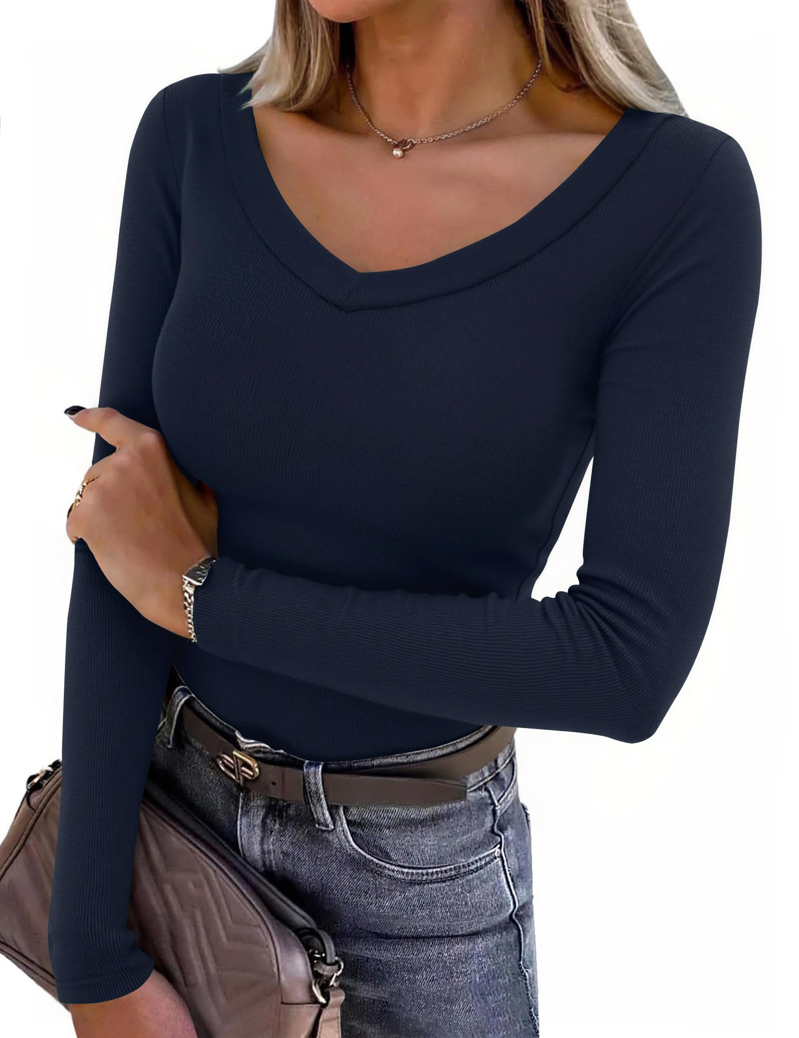 Aottori Maglia Donna Maniche Lunghe Scollo a V Costine | Maglietta Elegante, Basic Tops, Aderente Elasticizzato, Tinta Unita, Shirt Cotone Sexy