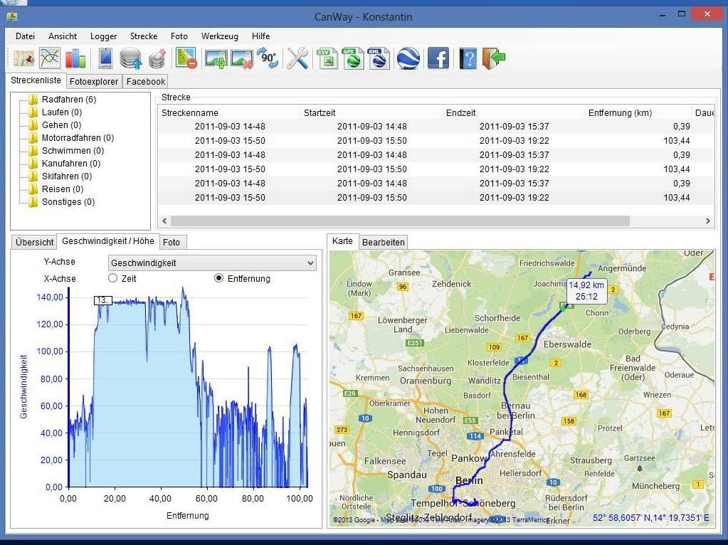 Screenshot of CanWay-Konstantin software displaying GPS track data, including a list of tracks, a speed/distance graph, and a map view.
