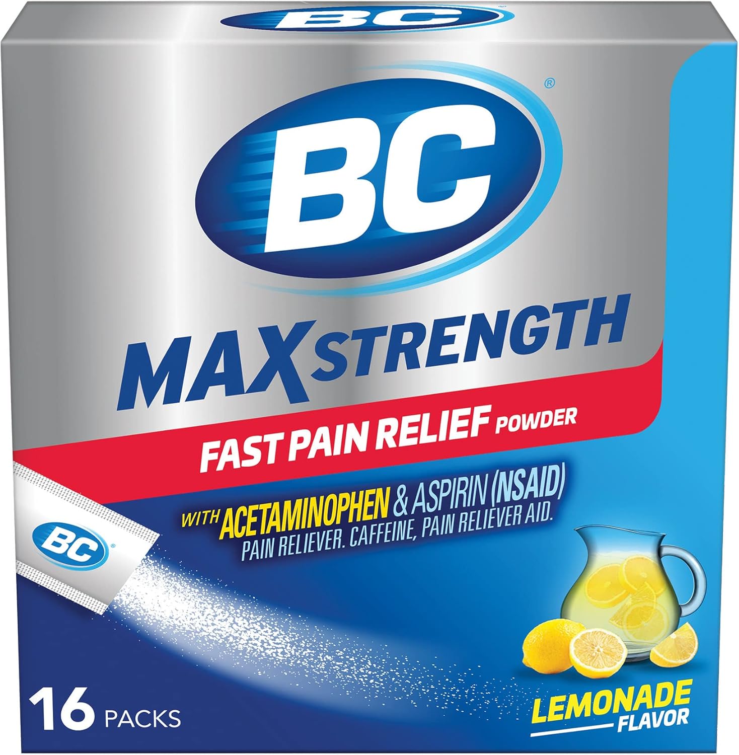 BC MAX Strength Fast Pain Relief Powder, Lemonade Flavor Aspirin 500mg and Acetaminophen 500mg Dissolve Packs, 16 Count BC MAX Strength Fast Pain Relief Powder, Lemonade Flavor Aspirin 500mg and Acetaminophen 500mg Dissolve Packs, 16 Count