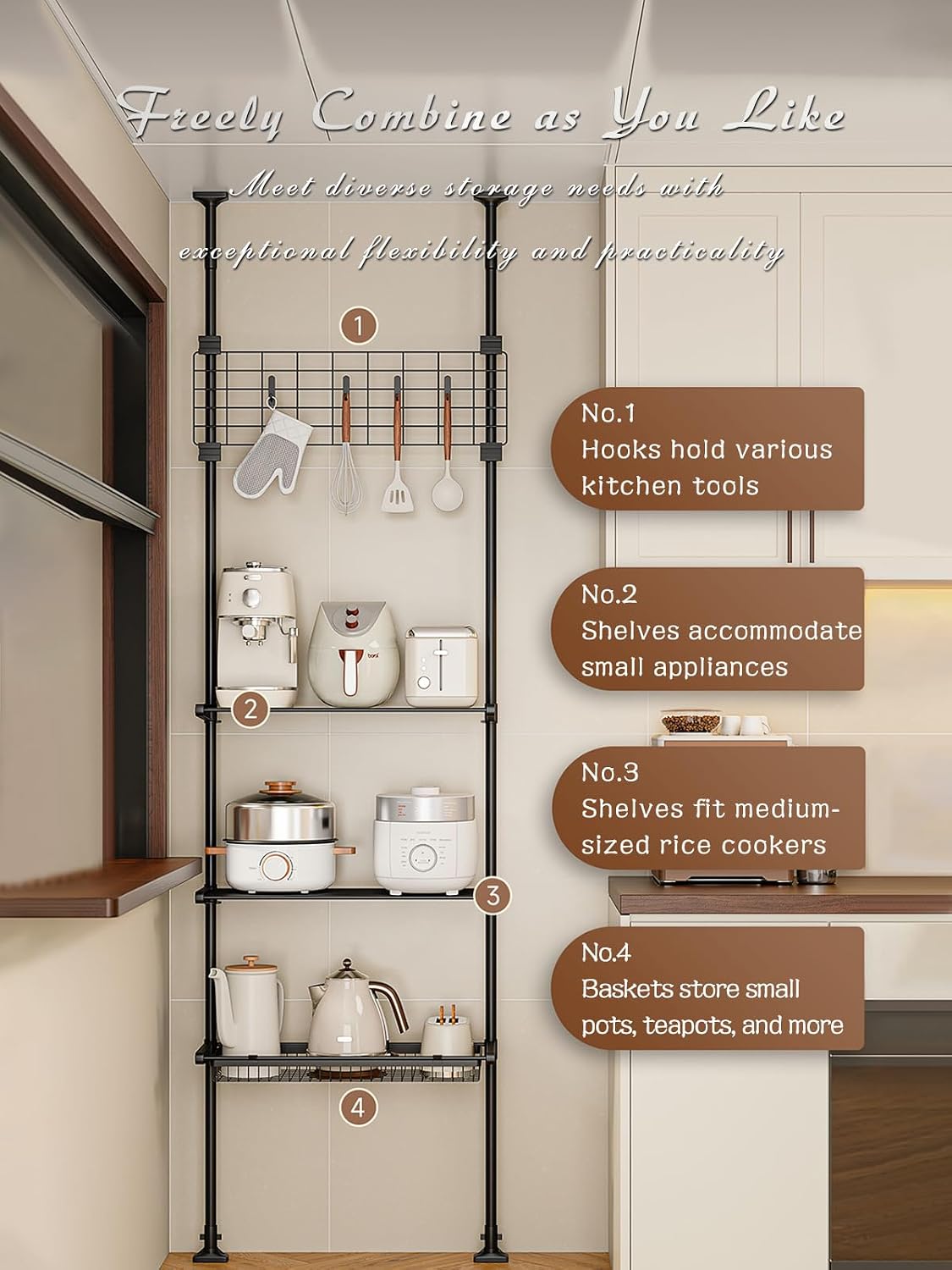 Adjustable Kitchen Storage Rack, Floor to Ceiling Tension Rod Design, 4-Tier Shelving with Utensil Hooks,N