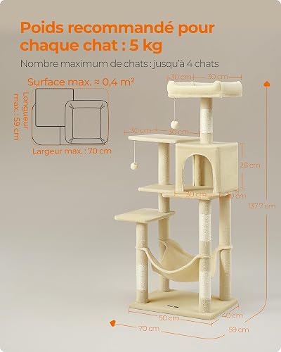 Feandrea Cat Tree Tower, 137.7 cm Multi-Level Plush Cat Condo - 6