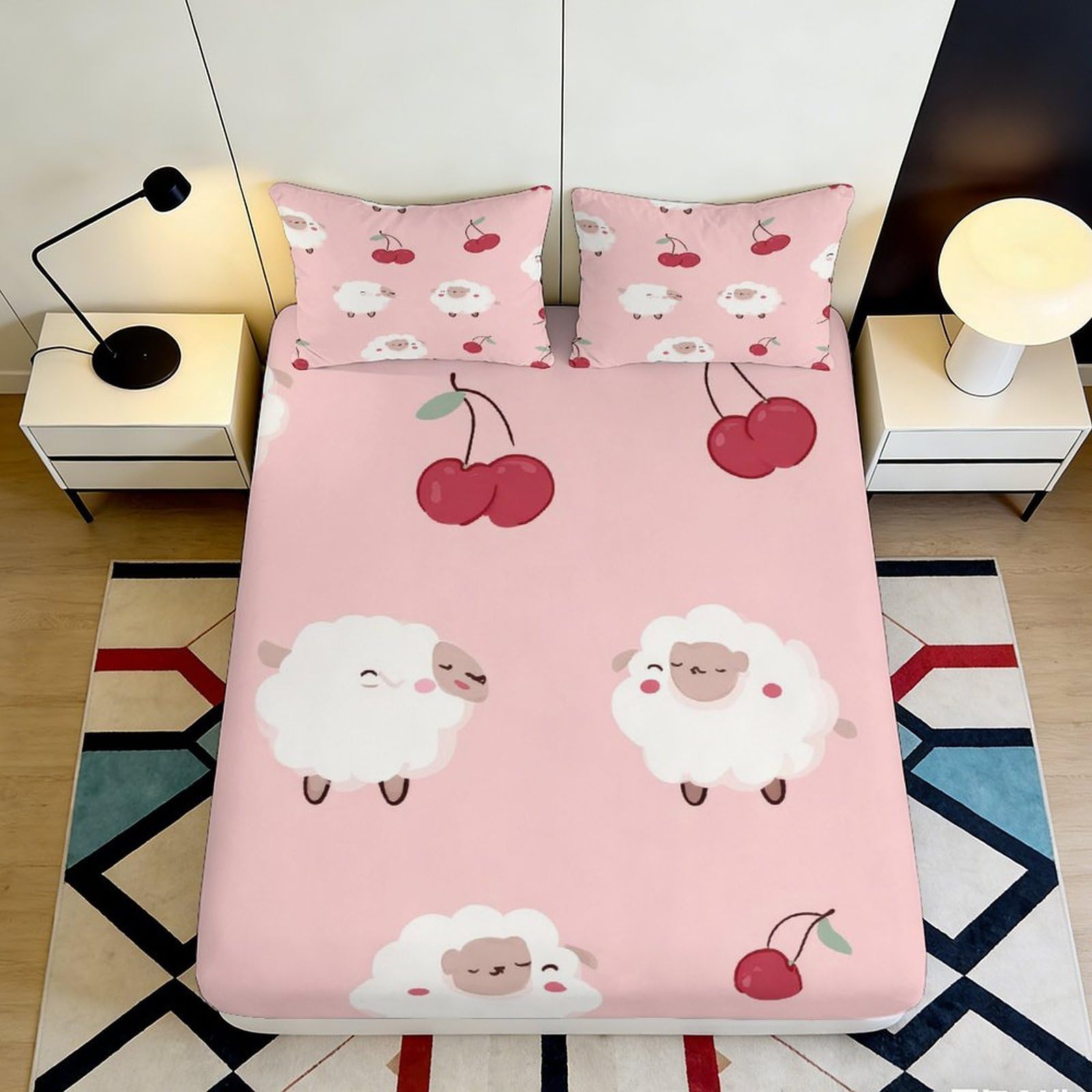 3D Printed Pink Sheep Pattern Fitted Sheet Microfiber Soft Breathable Cherry Bed Cover for Bedroom Dormitory Guest Room Mattress Protection 120x200x25cm