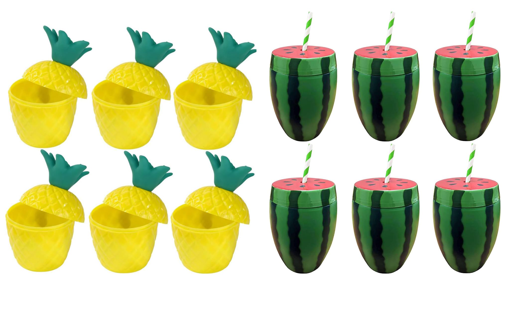 Quickdraw 12 x Hawaiian Party Cups Pineapple & Watermelon Drinking Cup with Paper Straws Tropical Beach Hula Tiki Cocktail Glasses Summer Parties Tableware