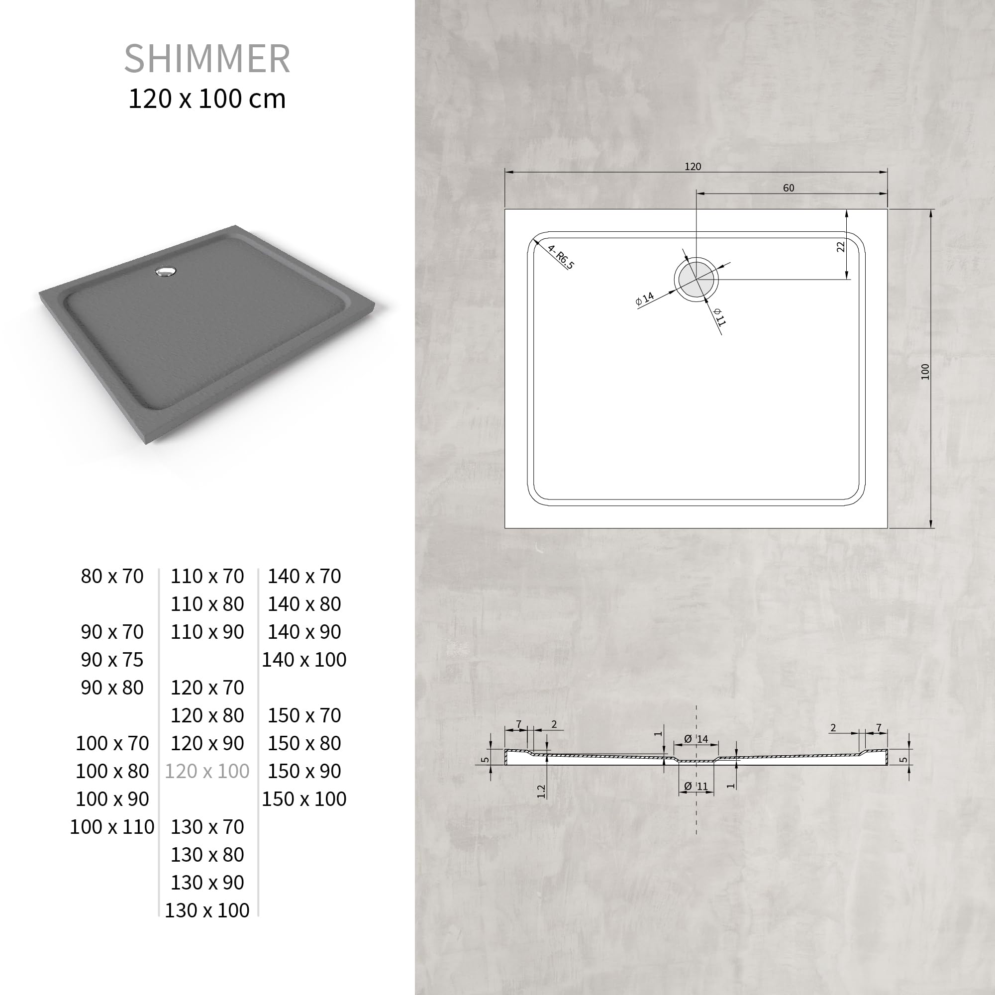 Duschwanne SHIMMER STONE 100x120 cm in Grau, flache rechteckige Duschtasse aus langlebigem Sanitäracryl in Schieferoptik inkl. Ablaufgarnitur (Siphon) mit Geruchsverschluss