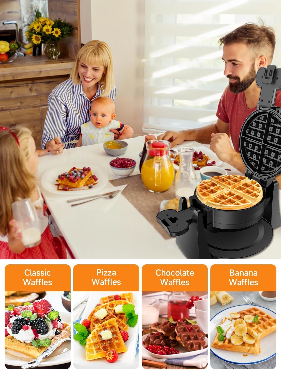 Waffle Maker, 1400W Double Belgian Waffle Iron 180° Flip, 8 Slices, Rotating & Nonstick Plates, Removable Drip Tray for Easy Cleaning, Cool Touch Handles, Space Saving Storage, Black