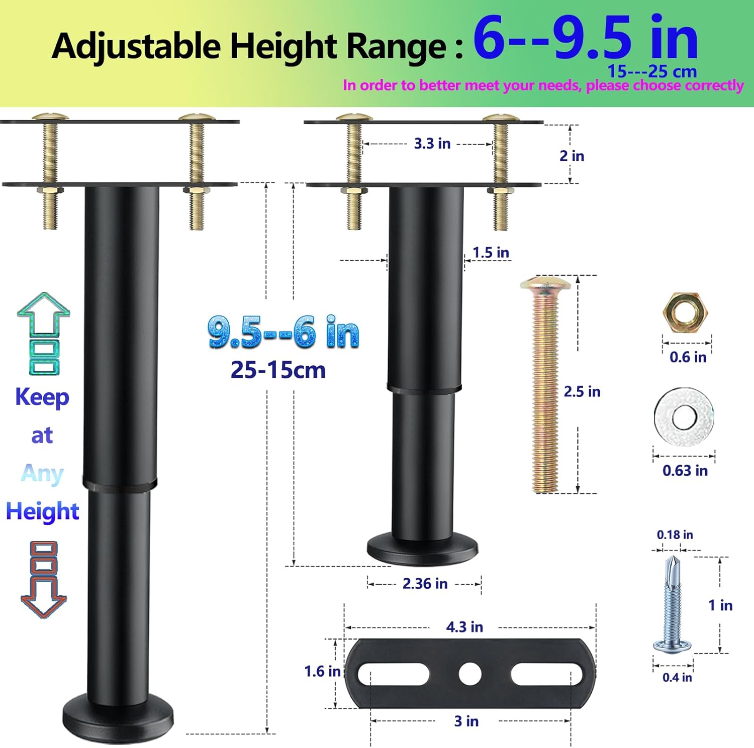 4PC Bed Frame Support Legs Stabilizer Replacement Universal Slat Reinforcement 6-9.5 inch Black