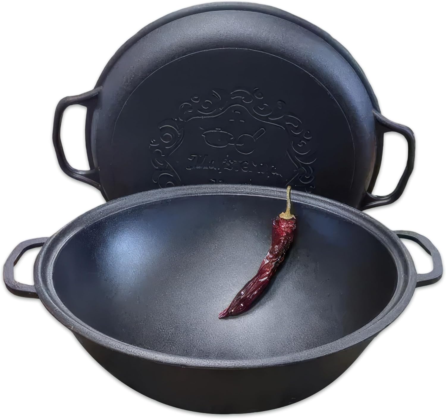 Dutch Oven Pot with Grill Lid (12.5 Quarts (12 L) Frying Pan Lid) – Maysternya Cast Iron Cookware Set – Camping Dutch Oven - Uzbek Kazan – Premium Camping Cookware – 2 in 1 Frying Pan + Cauldron