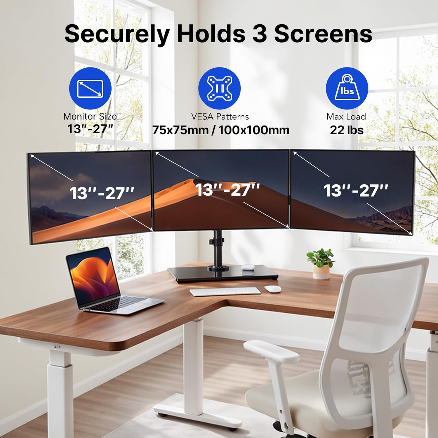 HUANUO Free Standing Triple Monitor Mount for 13-27 Inch Screens | Larger Tempered-Glass Base, Heavy Duty Thicker Steel, Tilt, Swivel, Rotation, Holds up to 22 lbs, VESA 75x75/ 100x100mm