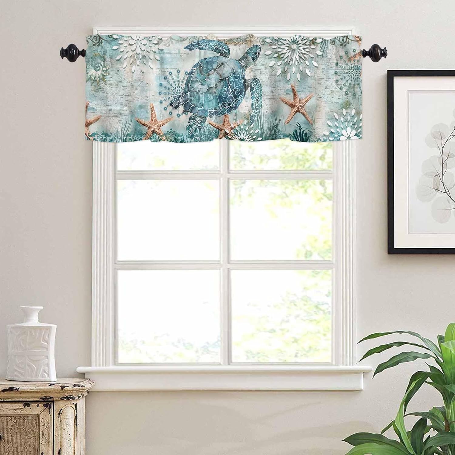 Coastal Sea Turtle Kitchen Curtains Sets for Windows 24 Inch Length, Teal Summer Beach Rod Pocket Window Treatments, Nautical Starfish Tier Curtains and Valances Set for Bedroom/Bathroom