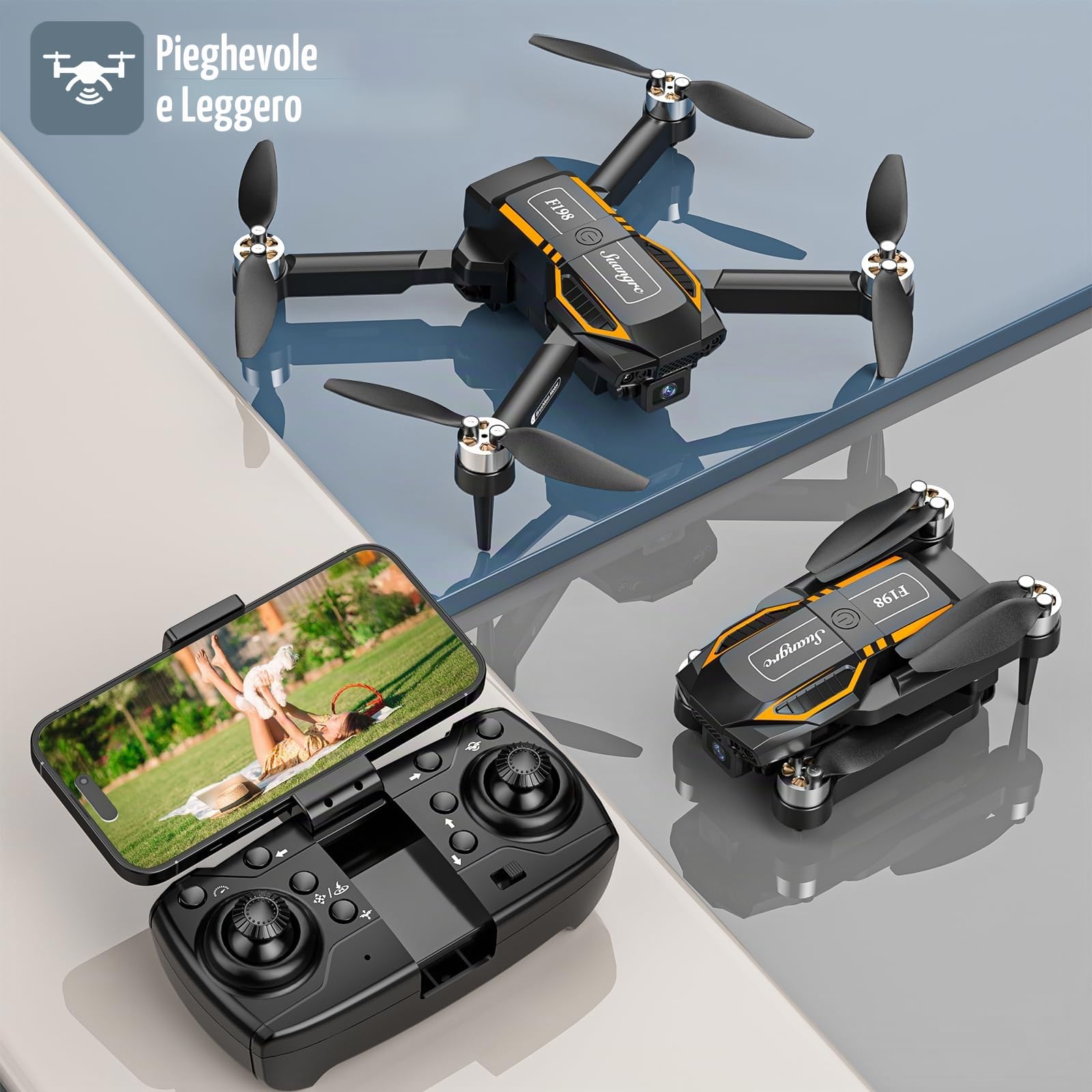 Drone con telecamera, 720P HD 90° Lente regolabile, Quadcopter con telecamera per adulti principianti, WiFi APP, 3D Flip, Auto Hold, Traiettoria di volo, Mini Drone pieghevole per bambini