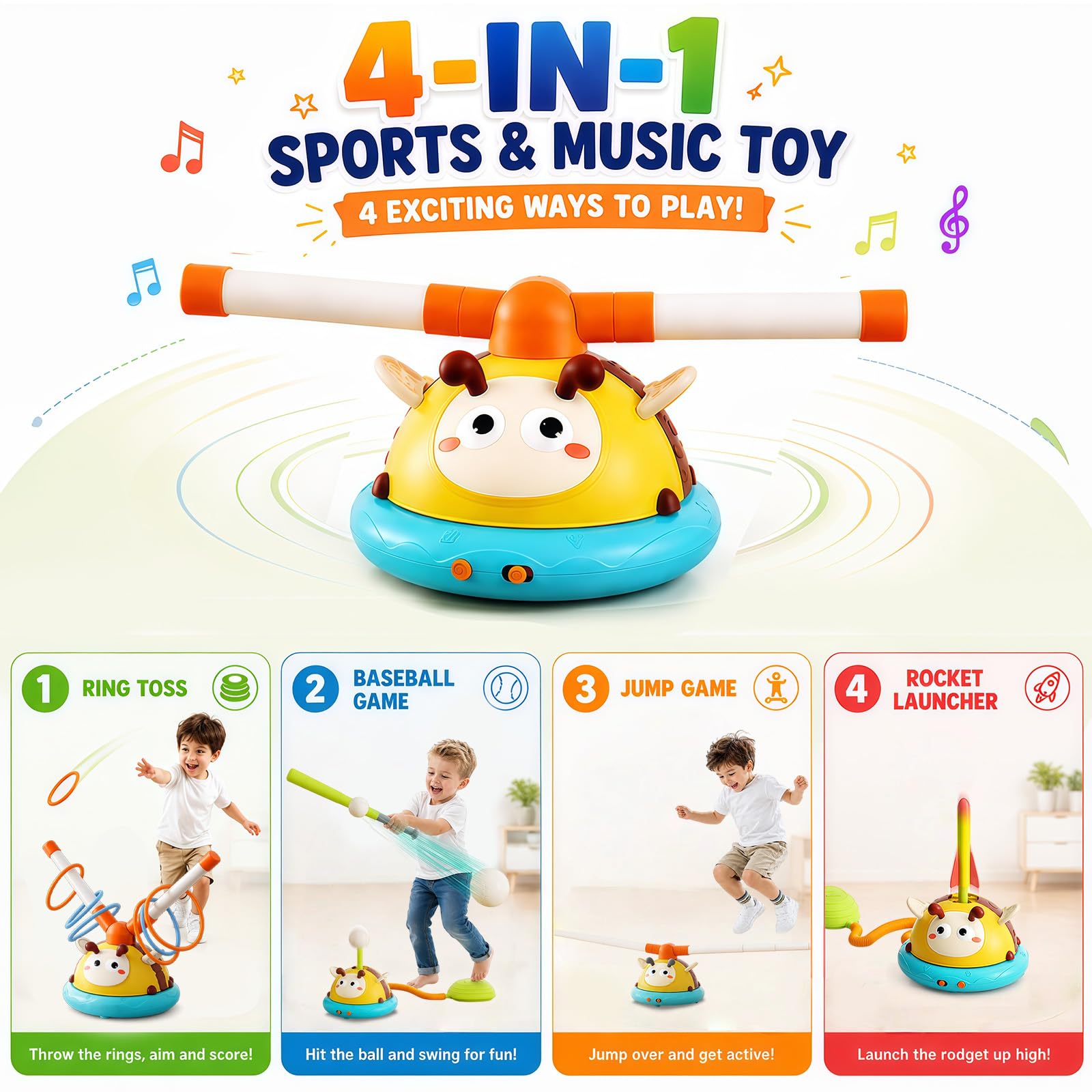 4 en 1 Jeux Exterieur Enfant Ouet Fusée, Corde À Sauter, Lancer D’Anneaux, Base-Ball, Jouet Exterieur Enfant avec Télécommande Jeux Extérieurs Enfants Cadeaux Garçons Filles 3 4 5 6 7 8 9 10 Ans
