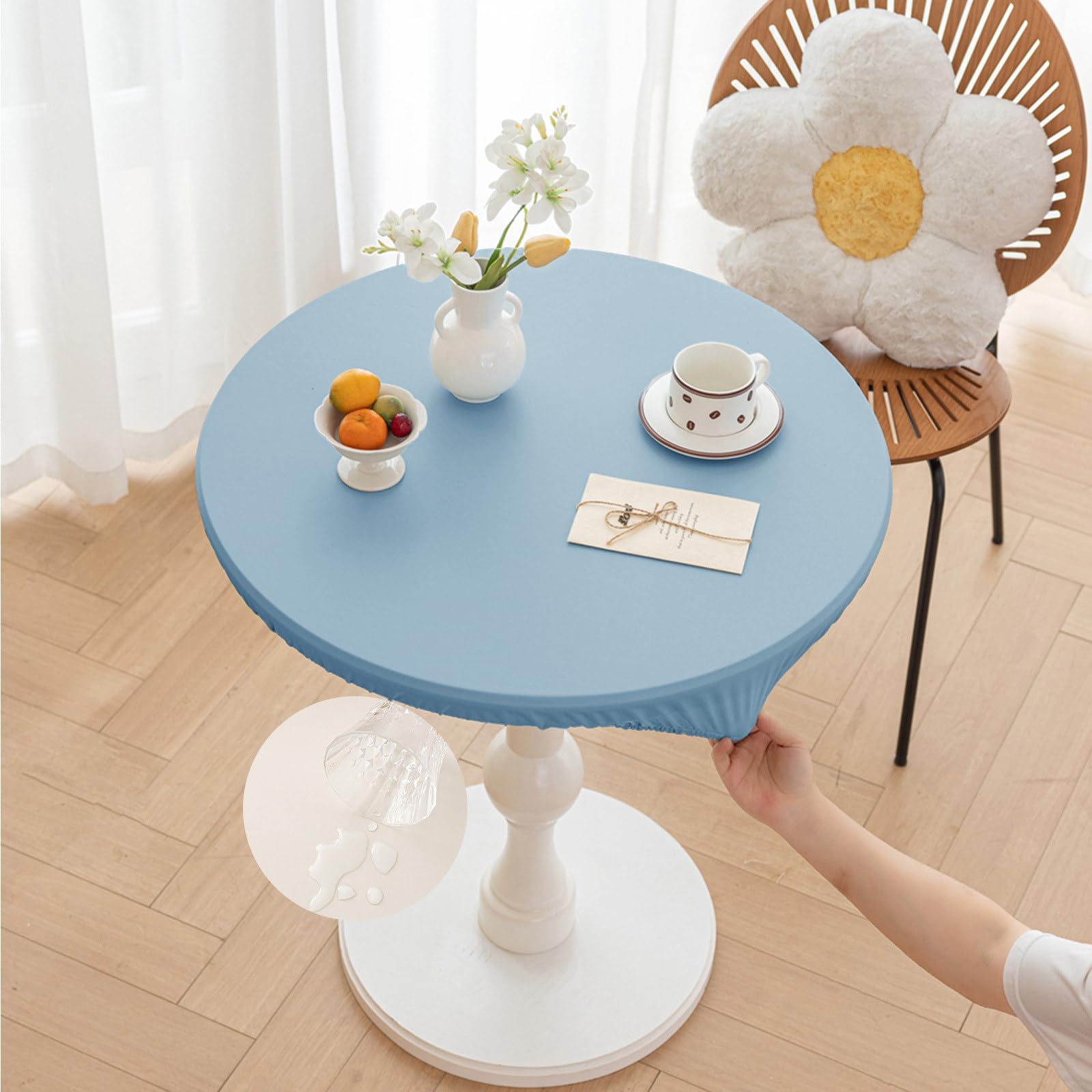 Morbuy Round Tablecloth Outdoor Wipe Clean Waterproof PU Leather Table Cloths Stain Resistant Wipeable Kitchen Table Cover with Elastic Edges for Home Party (Blue,Table Diameter 140cm)