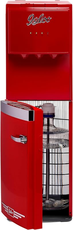 Igloo Retro Bottom Water Dispenser– Water Cooler Dispenser with Hot, Cold & Room Temperature Settings- Electric Water Dispenser Fits 3 & 5 Gallon Jugs with Child Safety Lock for Home & Office Use– Red