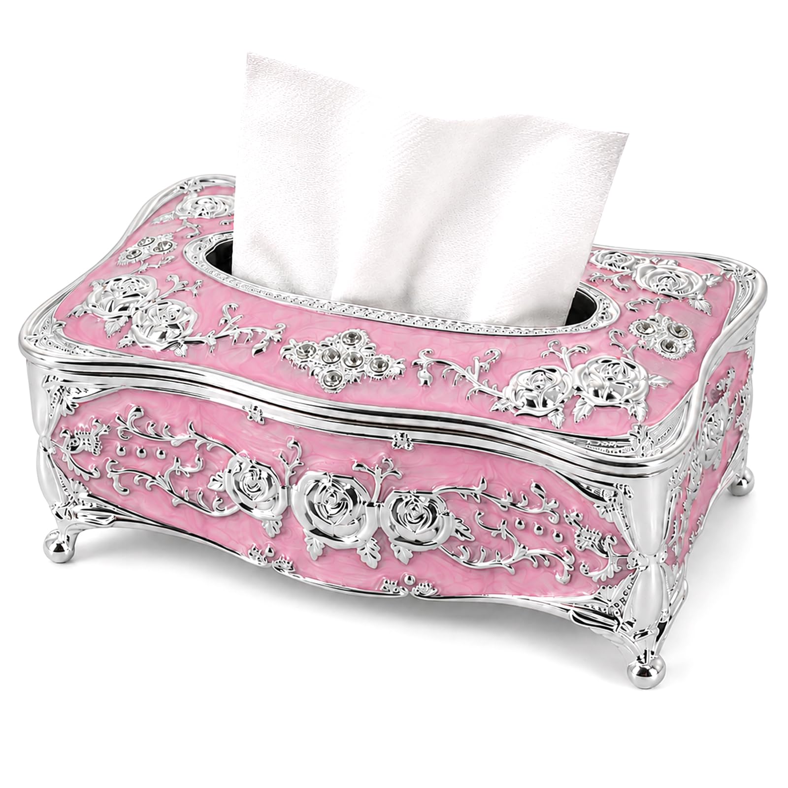 Vintage Acrylic Tissue Box Holder, Rectangular Facial Tissue Cover Dispenser with Rose Pattern, Decorative Napkin Organizer for Bathroom Vanity, Bedroom Nightstand, Car & Office (Silver Pink)