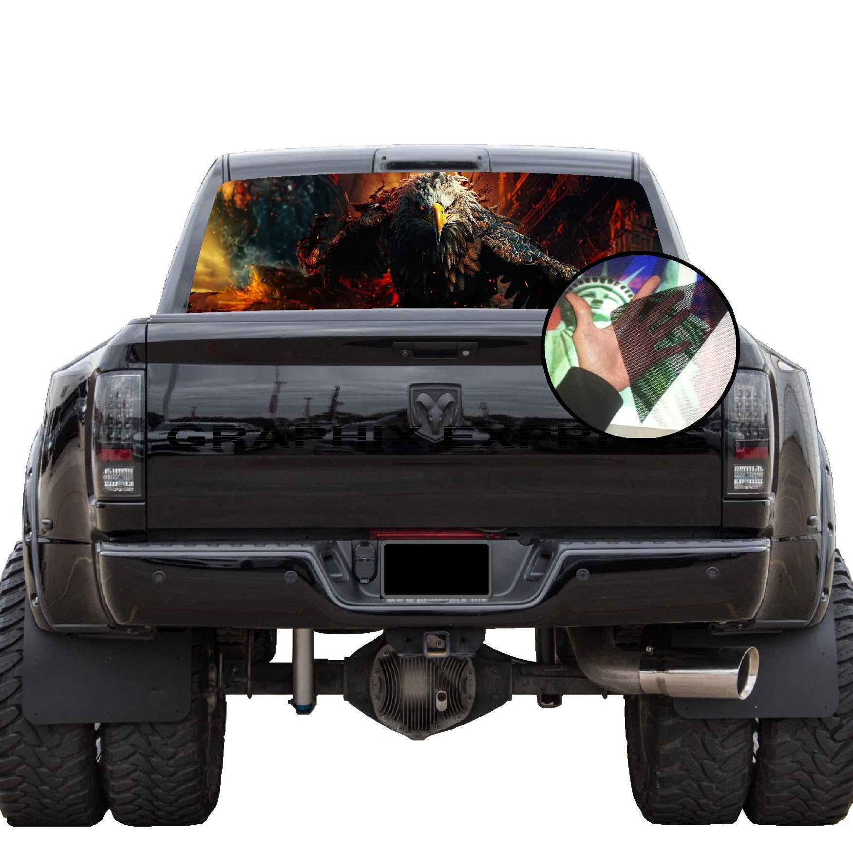 GRAPHIX EXPRESS Truck Back Window Graphics (P552 American Flag Eagle) Universal See Through Rear Window Vinyl Wrap - Full Window Decals for Trucks - Truck Window Decals