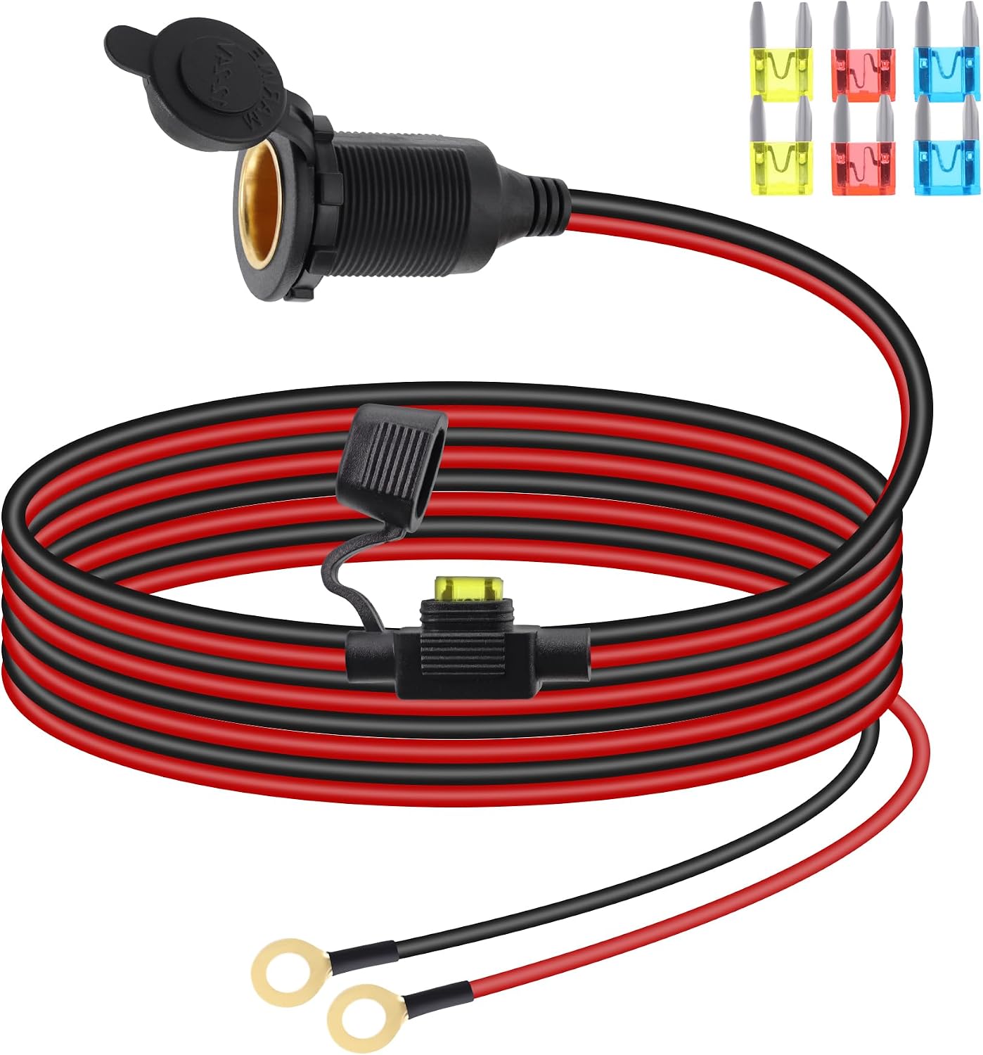 12V 24V Cigarette Lighter Socket Extension Cable,16AWG Fixed Thread Car Cigarette Lighter Female Outlet to Eyelet Ring Terminal Cord with Waterproof Cover and 20A Fuse for Cars,Boats.（3M）