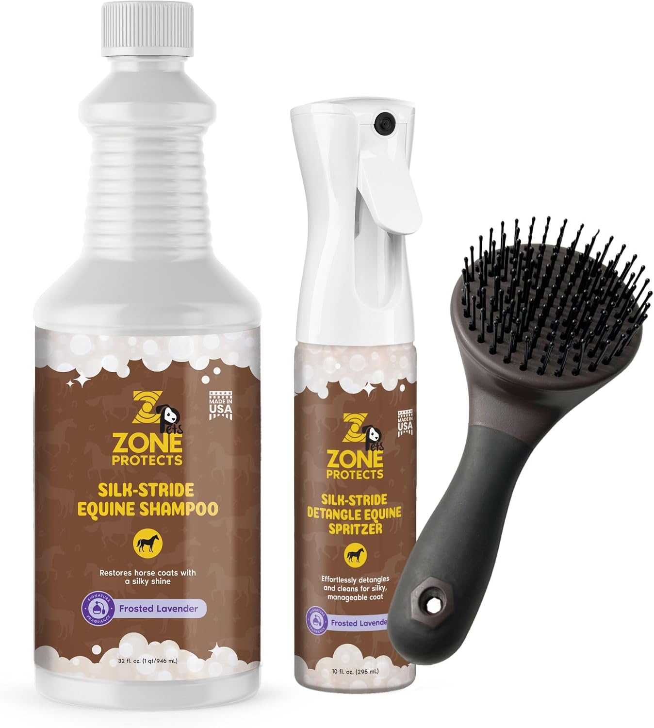 Silk-Stride Equine Detangling Bundle; Shampoo, Spritzer Spray and Detangling Brush