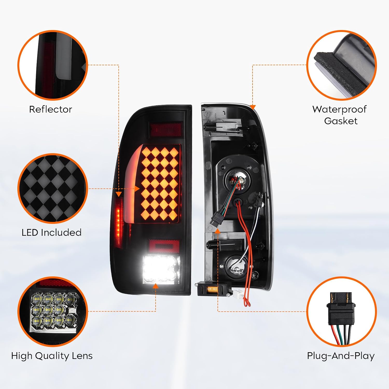 LED Tail Light for Ford F150 1997-2004, for F250 Light Duty (7 Lug Nut) 1997-1999, for F250 F350 F450 F550 Super Duty 1999-2007, Rear Taillight Assembly, F85Z13405CA, F85Z13404CA, FO2800117
