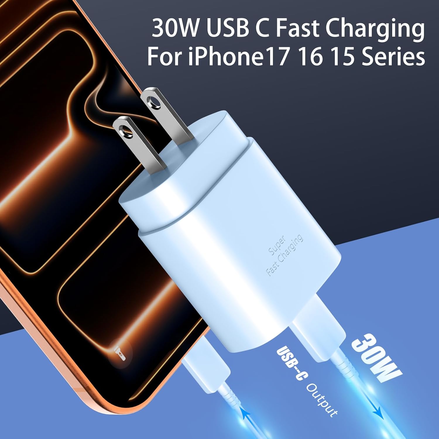 Phone 17 16 15 Charger Fast Charging,30W USB C Phone 17 16 15 Pro Max Charger Block &10FT Long Type C Cable Cord for i.Phone 17/Air/17 Pro/17 Pro Max/16/16 Plus/16 Pro/16 Pro Max/15/15 Pro Max,Blue Blue 10Ft