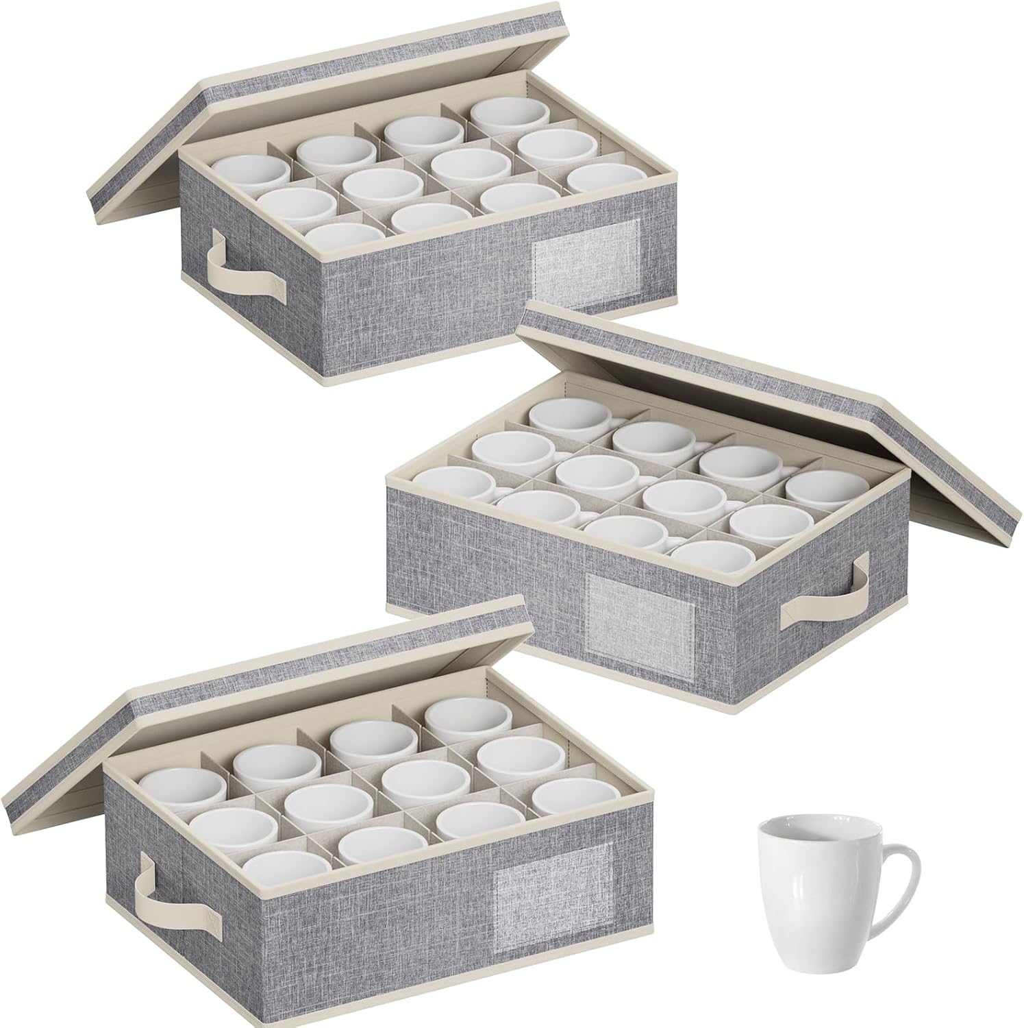 Lifewit 3 Pcs Coffee Mug Storage with Dividers, Stackable Cationic Hard Shell Tea Cup Organizer Box with 24 Compartments, Foldable Dustproof China Containers for Mugs Protection and Moving, Light Grey