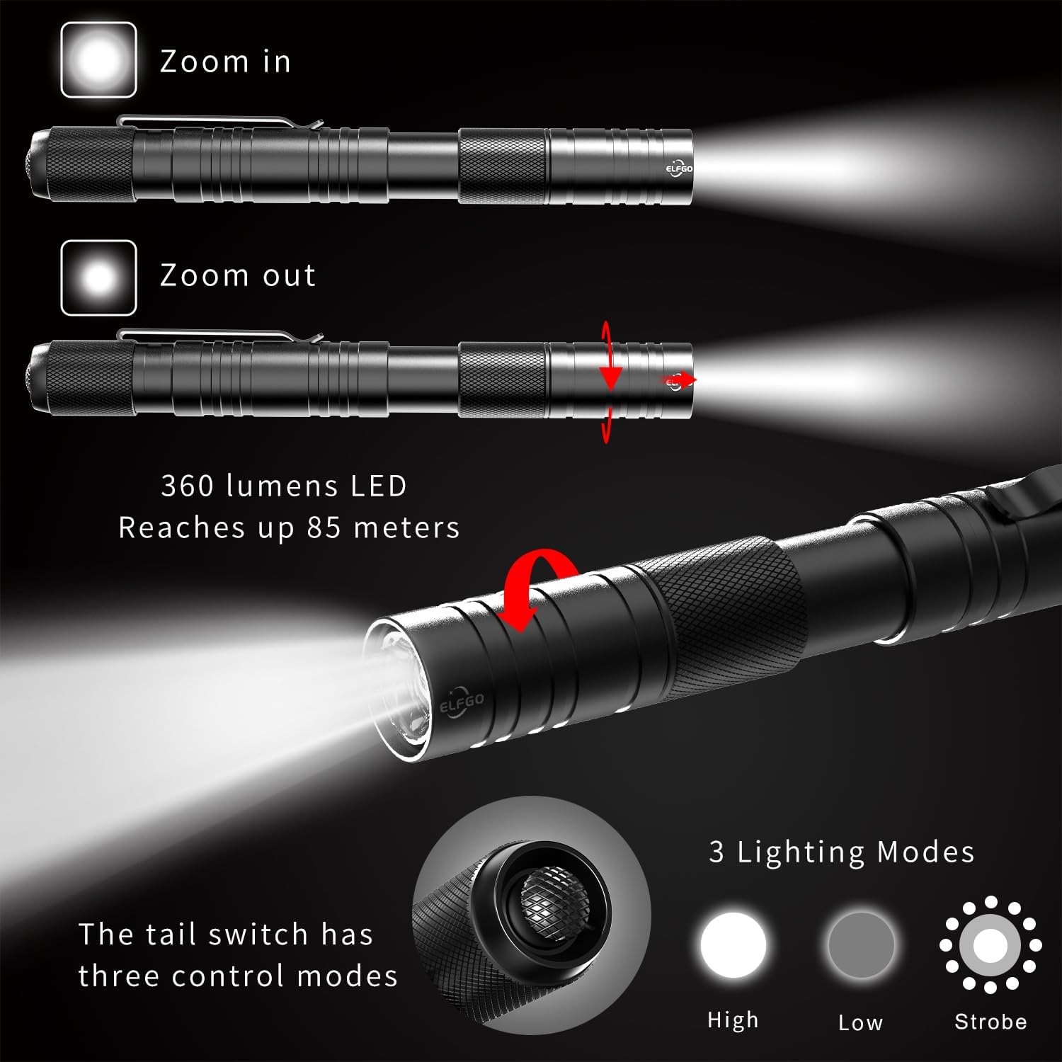 Rechargeable Pen Light, Zoomable Led Penlight Inspector Light Pocket Flashlight with Clip Small Mini Handheld Slim Flashlight 360 Lumens LED for Nurse Medical Repair Engineer Doctor