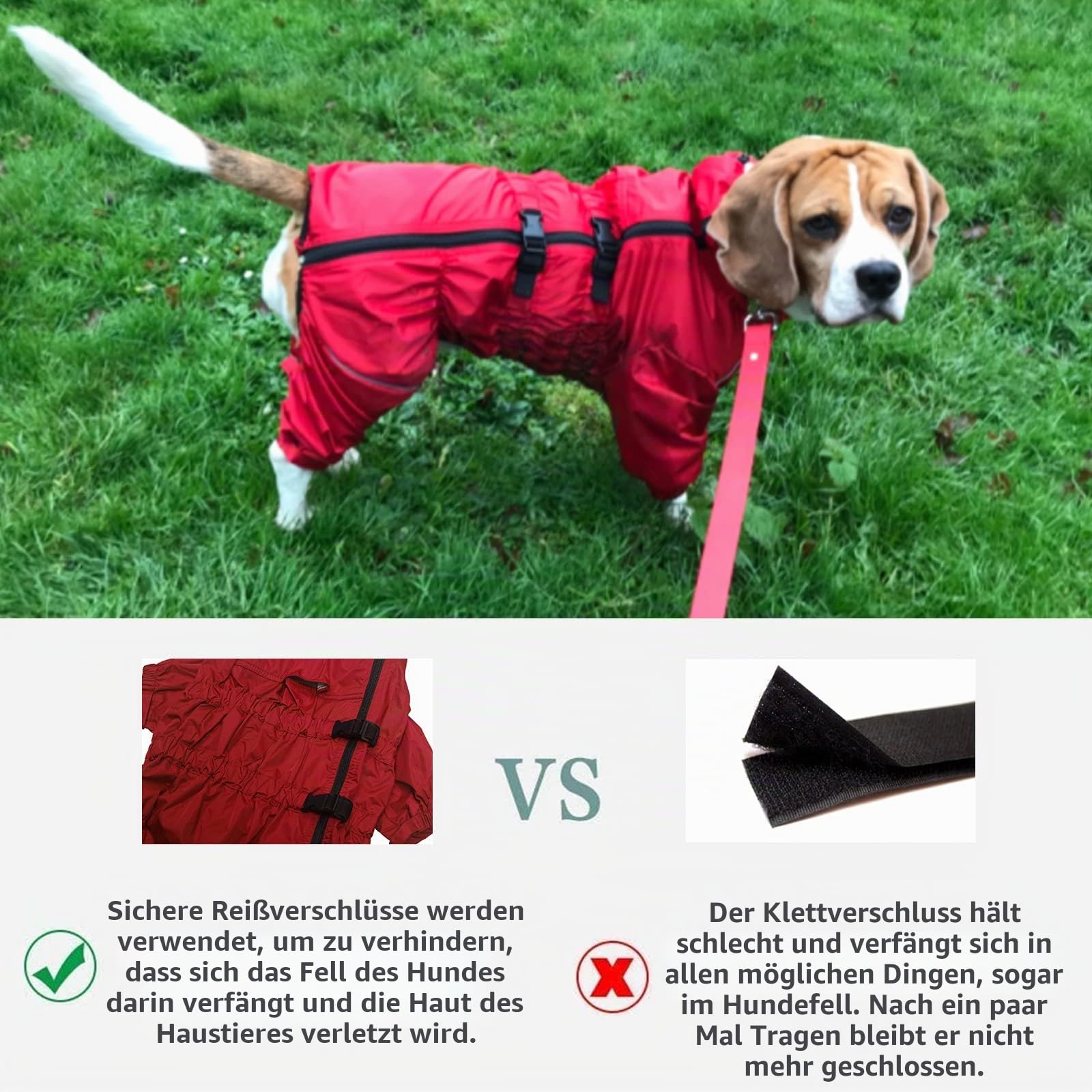 MOREZI Hunderegenmantel, hoher Kragen wasserdicht, Regenmantel-Set mit Reflexstreifen und Reißverschlüssen, für alle Hundetypen geeignet-Rot-S