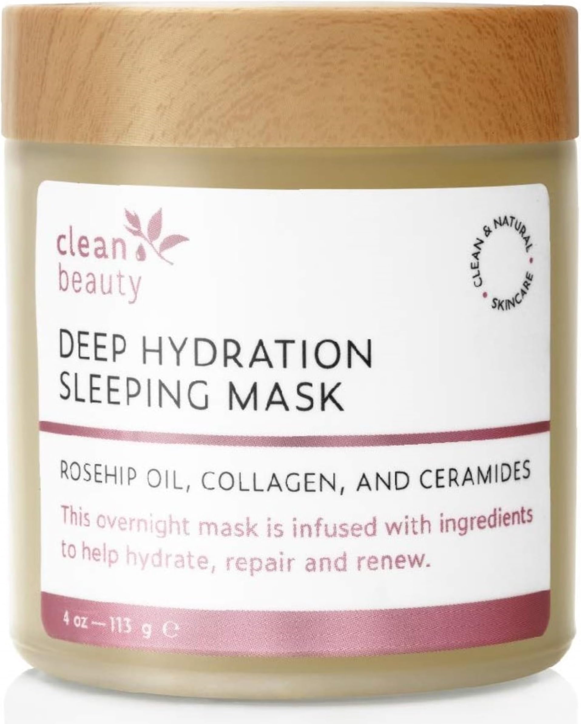 Clean Beauty Deep Hydration Sleeping Face Mask with Rosehip Oil & Collagen - Strengthen Skin & Reduce Fine Lines (4 oz)