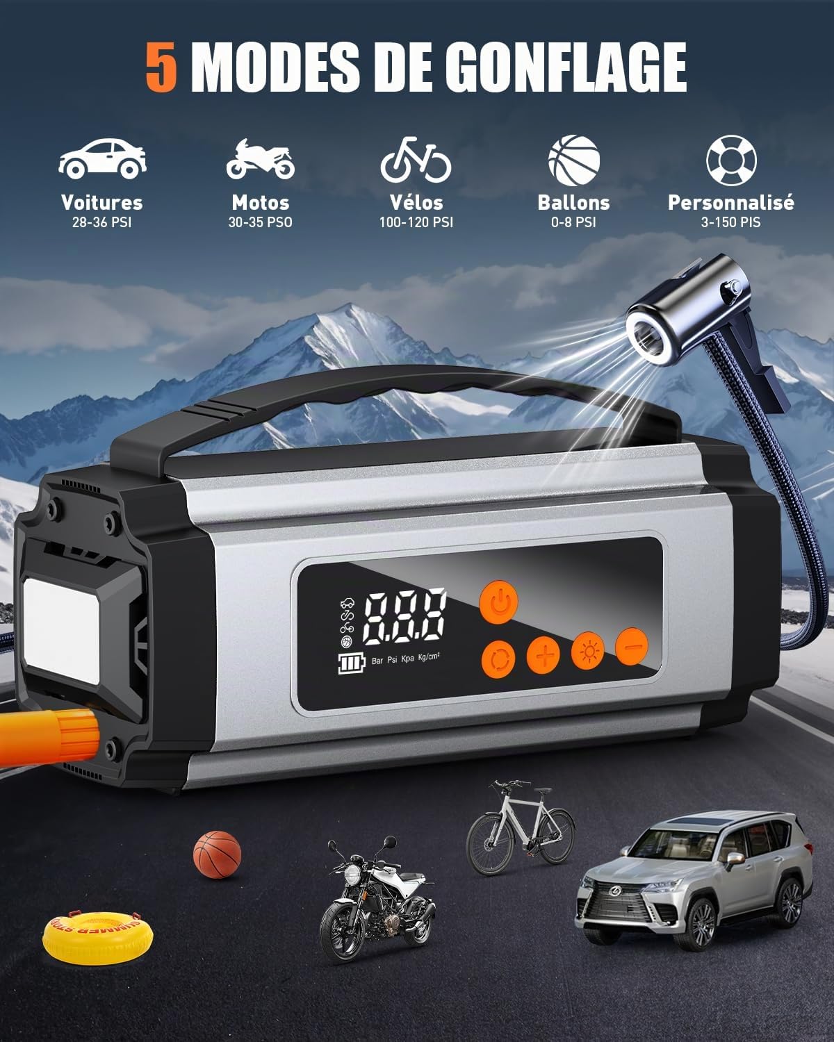 Onherm 7-in-1 Booster Batterie Voiture avec Gonfleur 150PSI, 2000A Demarreur Batterie Voiture pour Jusqu’à 8L Gaz ou 5L Diesel, Booster Moto avec Éclairage LED, Chargeur USB-C et Écran LCD