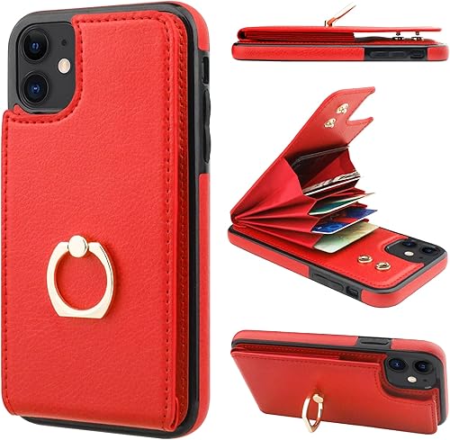 Folosu Funda compatible con iPhone 11 con soporte para tarjetas, rotación de 360°, soporte de anillo de dedo con función atril, protección RFID, Rojo