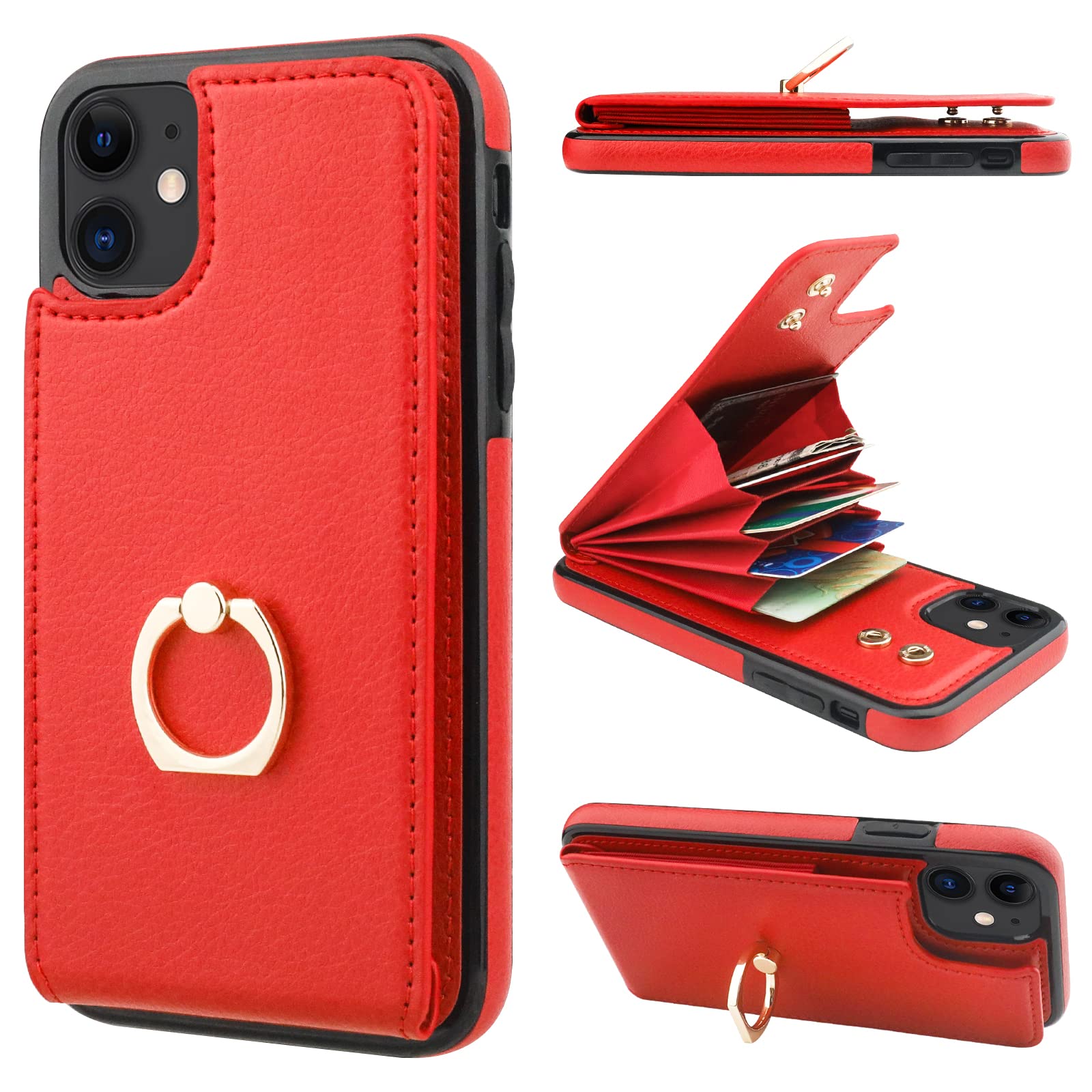 Folosu Compatible with iPhone 11 Case Wallet with Card Holder, 360°Rotation Finger Ring Holder Kickstand Protective RFID Blocking PU Leather Double