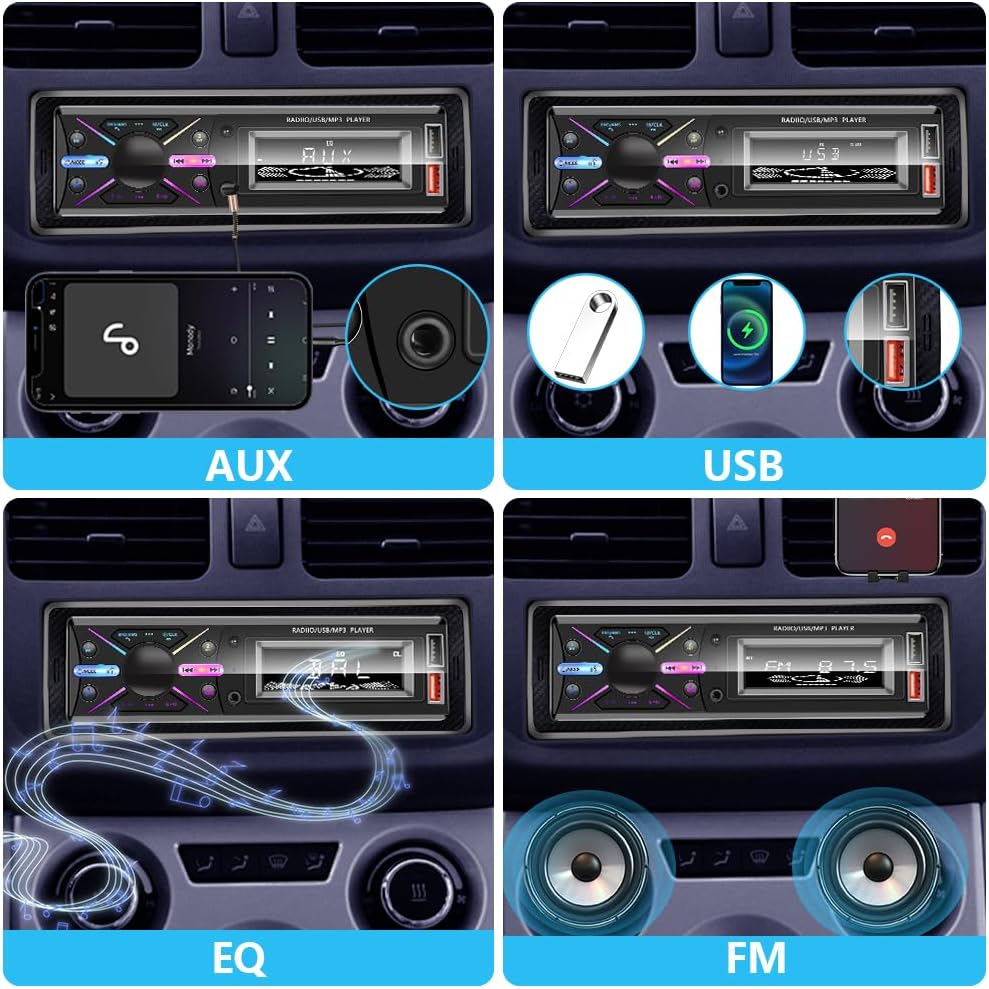 Single Din Car Stereo Bluetooth, Car Radio with Handsfree & App Control, 4X50W Support FM/USB/AUX/MP3/EQ, 7 Color LED | No CD/DVD Player image 3