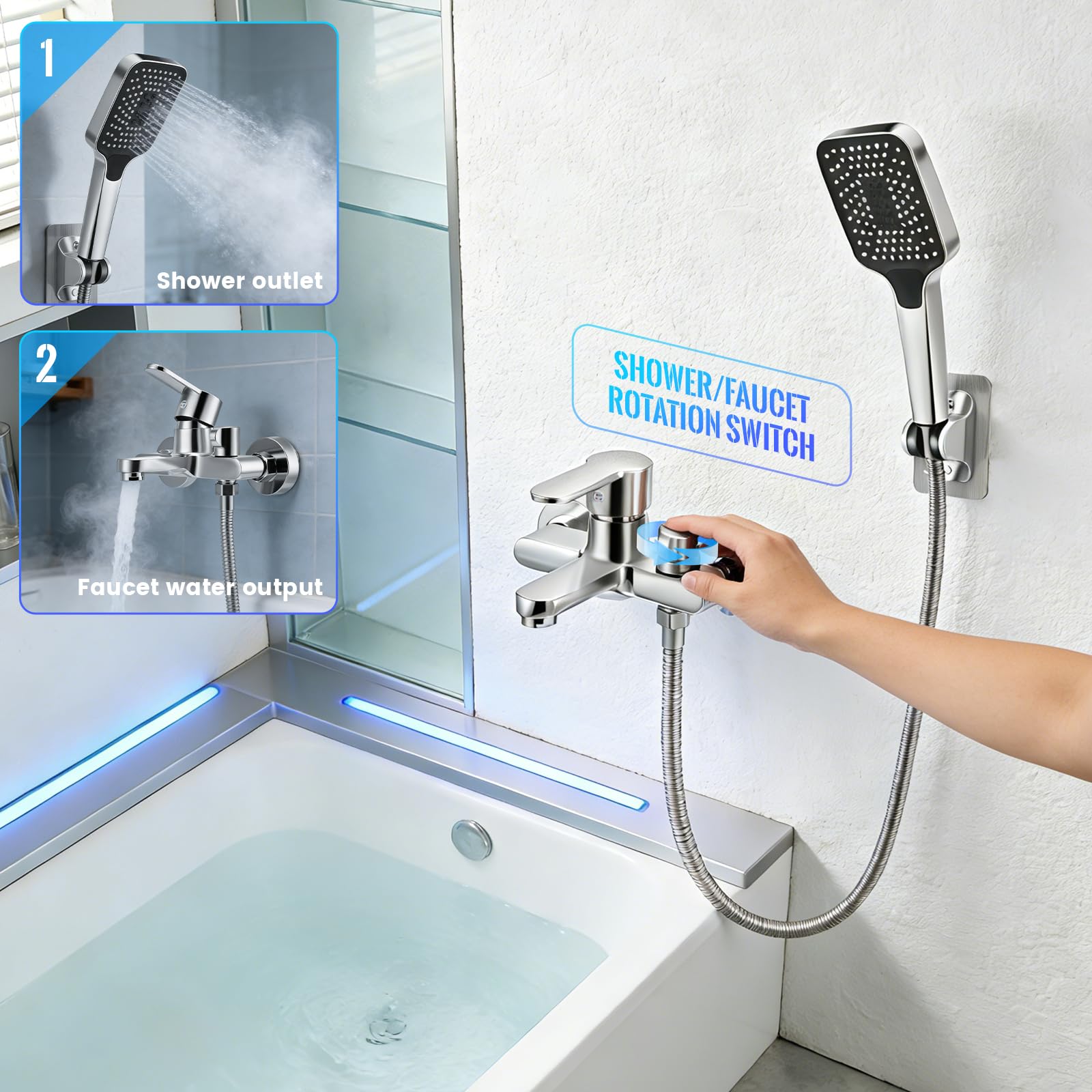 Rubinetto per vasca da bagno con doccetta a mano, miscelatore in ottone per vasca, Rubinetto da bagno a cascata, rubinetto per vasca con supporto a parete e flessibile doccia da 1,5 m Per Doccia