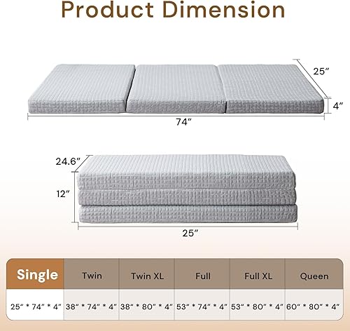 Miniatura 2 de Colchón plegable, tapete de espuma viscoelástica de 4 pulgadas, colchón portátil triple plegable para niños y adultos, funda lavable, diseño