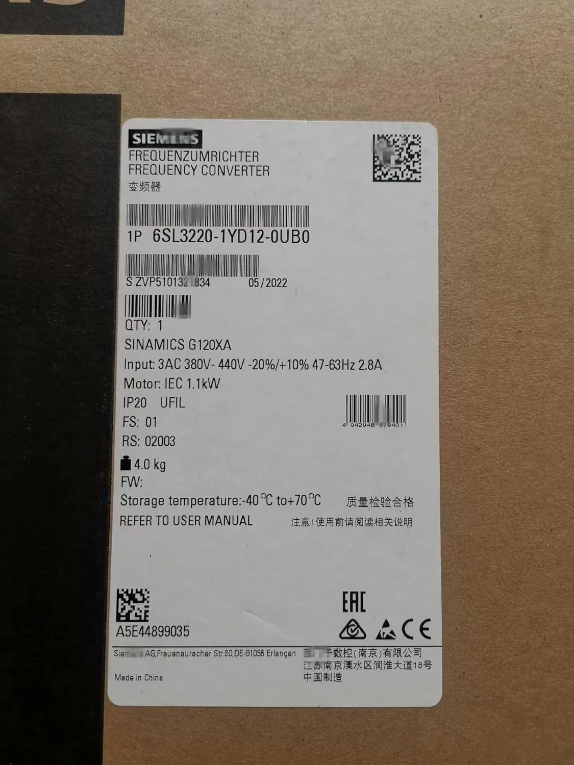 Convertisseur de fréquence 6SL3220-1YD12-0UB0 Siemens Sinamics G120X 1.1 kW 3.1 A scellé