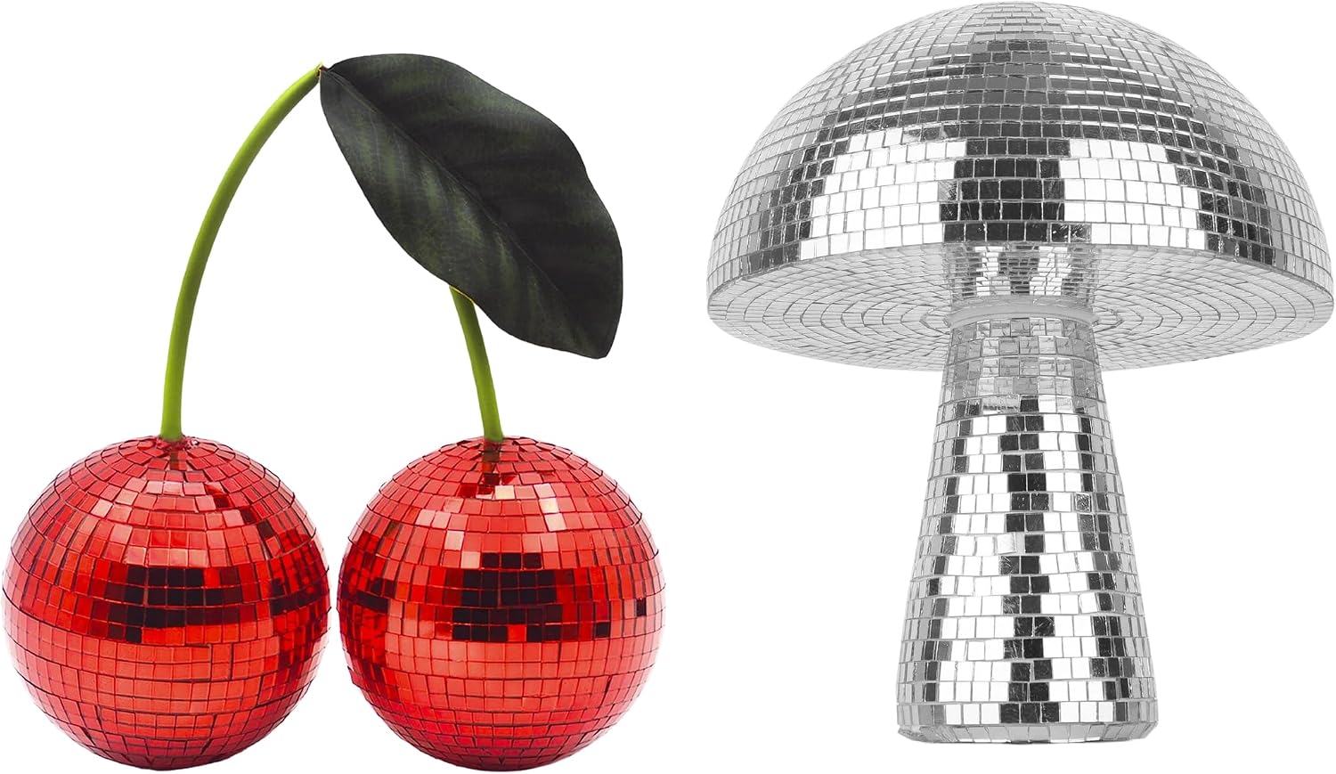 Disco Cherry & Mushroom Decor Bundle Set | Red Mirror Cherry with Stand + Silver Disco Mushroom for Bedroom, Party & Dorm