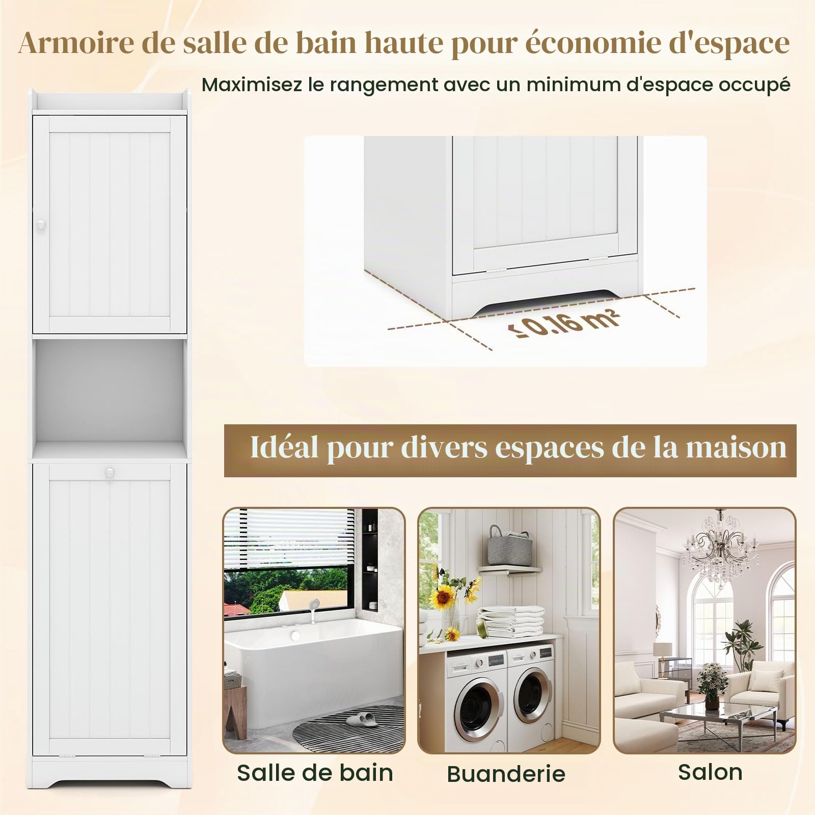 GOPLUS Colonne Salle de Bain Etroit, 40 x 40 x 170CM, Rangement Salle de Bain avec Sac à Linge Indépendant Amovible 48L, 3 Compartiements avec Étagère Réglable, Idéal pour WC, Buanderie, Salon (Blanc)