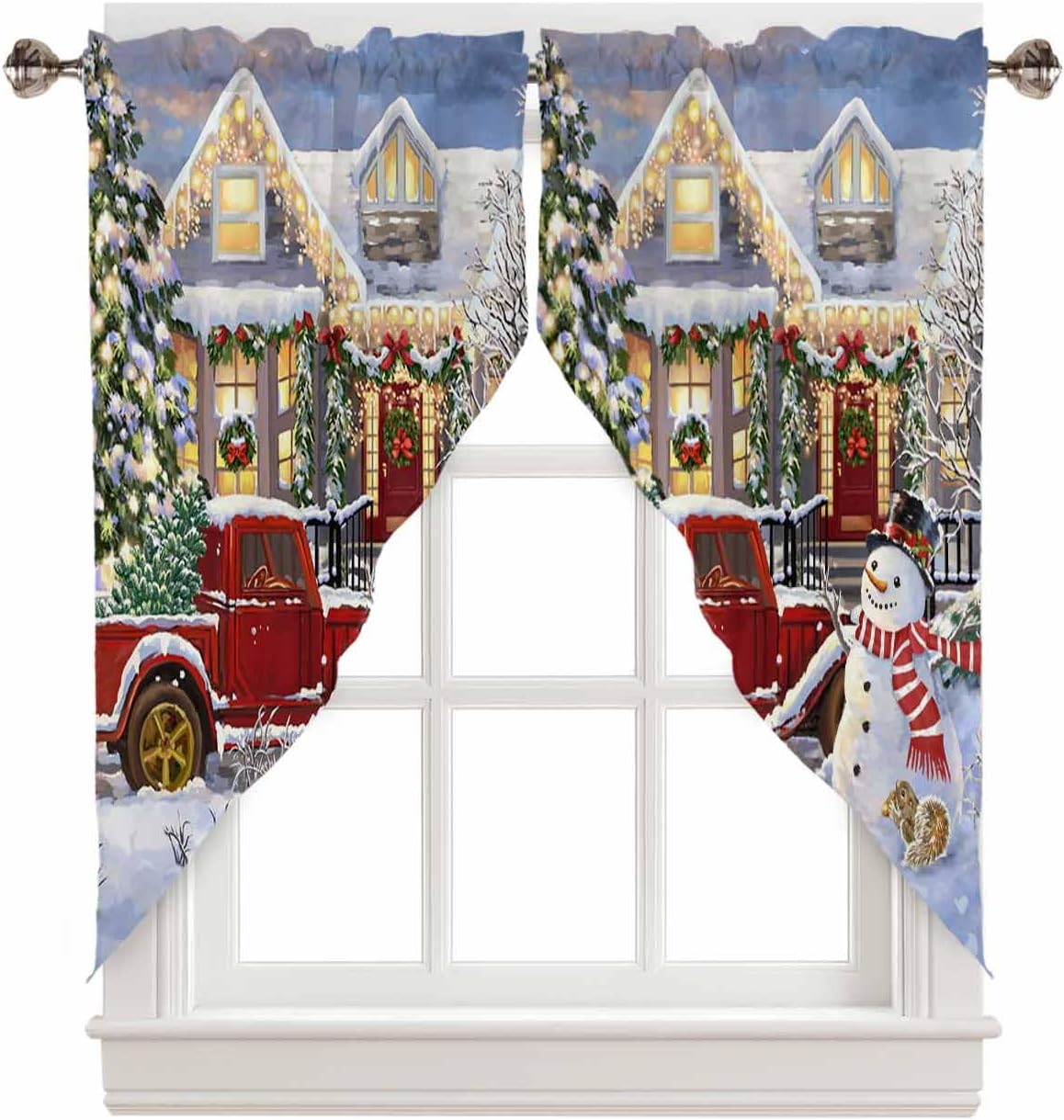 Christmas Swag Valances for Windows, Kitchen Window Curtains Over Sink, Famrhouse Snowflake Truck Xmas Tree Snowflake Window Treatment Curtains for Living Room/Bedroom Curtains 2 Panel 36"x45"