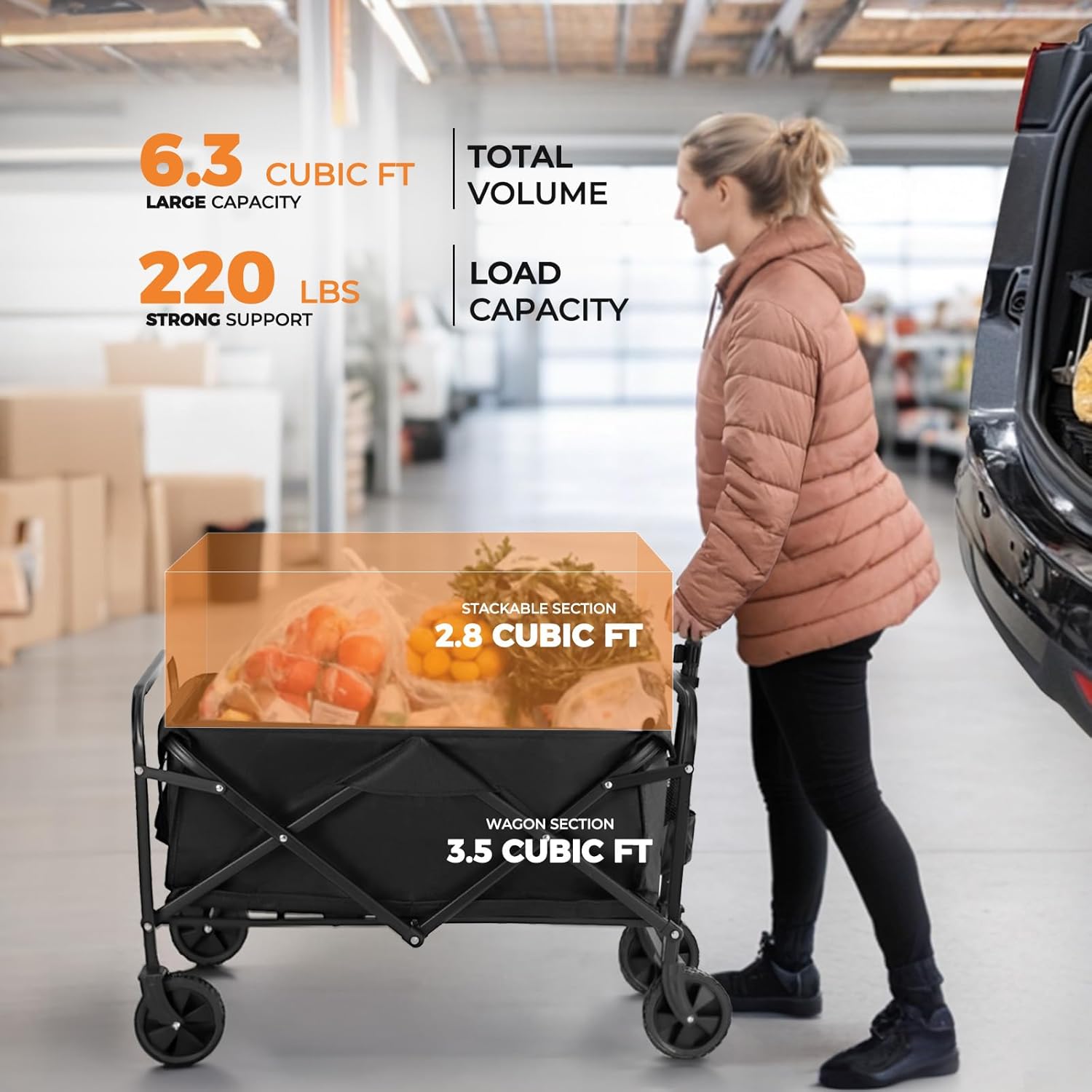 PASAMIC Collapsible Wagon 220 lbs, Heavy Duty Wagon Carts Foldable, Portable Wagons for Groceries, Beach Cart with All-Terrain Wheels & Drink Holders, Utility Wagon for Shopping, Sports, Camping,Black