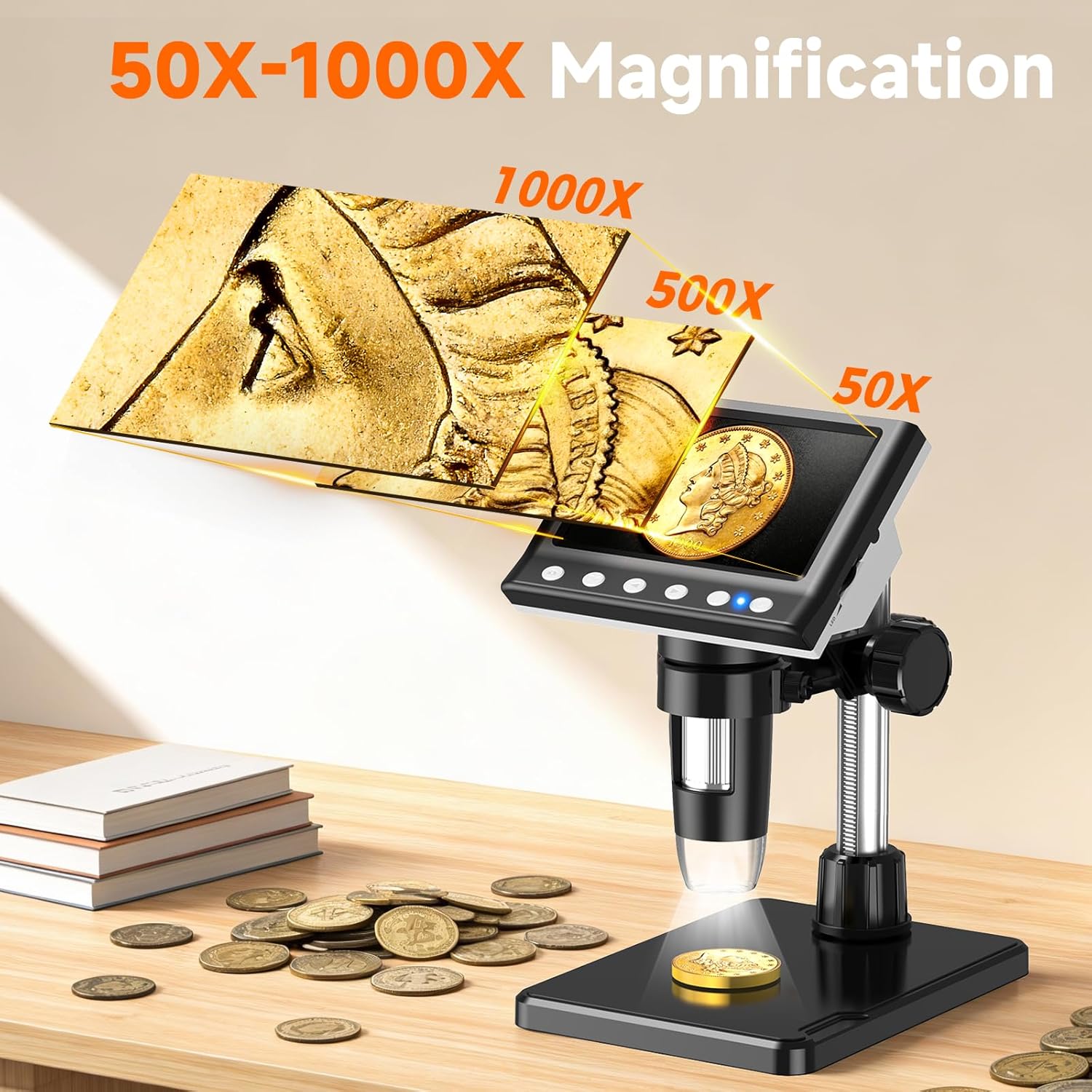 4.3" Coin Microscope Digital Microscope for Collectors 1980P HD Error Coin Magnifier with 8 LED Lights, Compatible with Windows/Mac